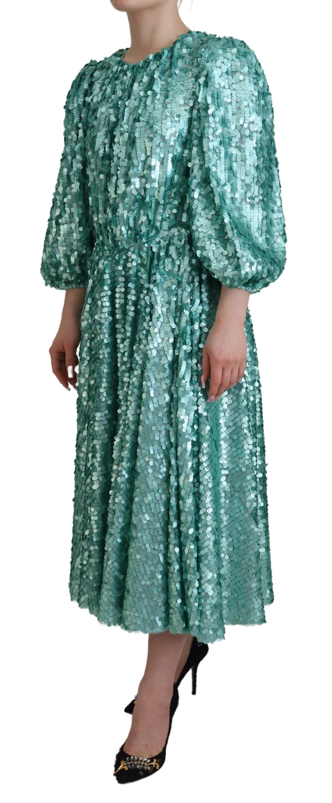 Blauwe geplooide Aline midi-nylonjurk met pailletten