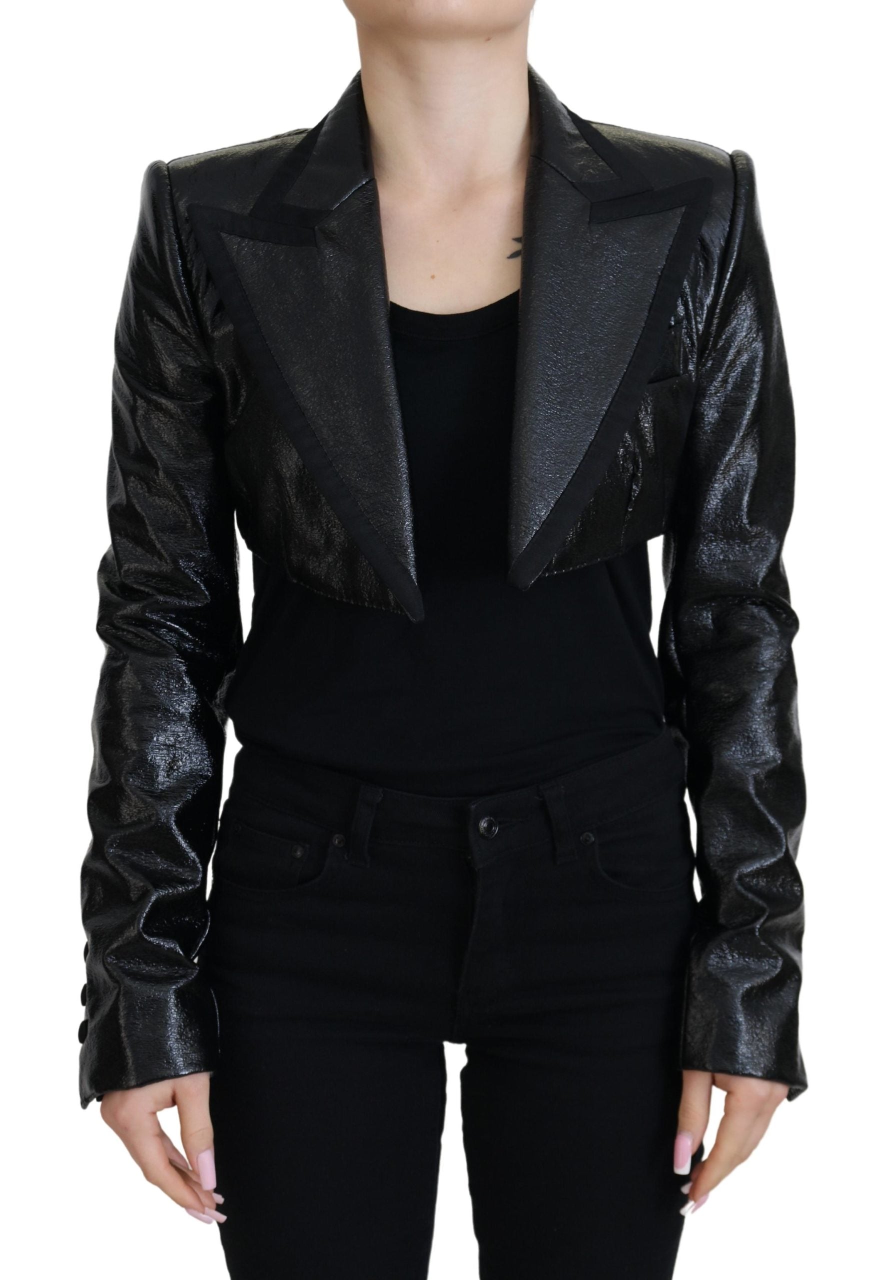 Zwarte lange mouwen crop blazer katoenen jas