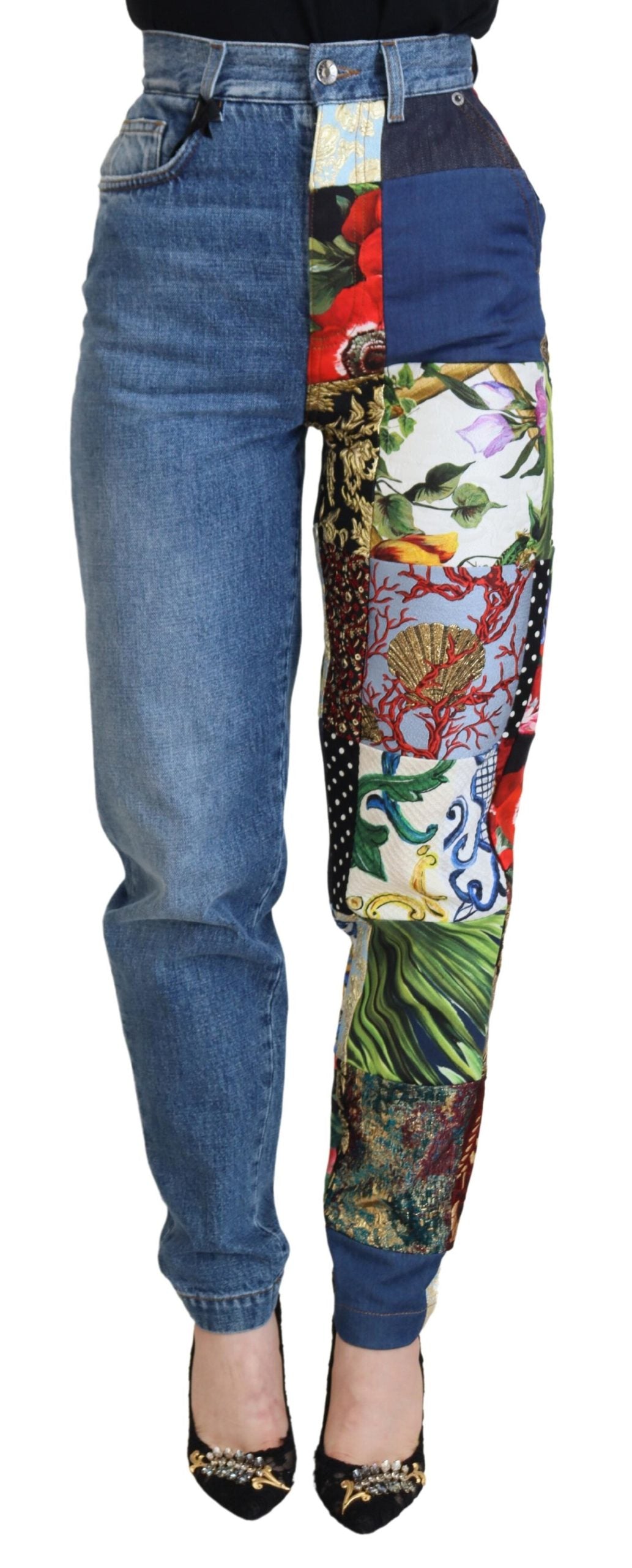 Blauwe jacquard majolica jeans met hoge taille