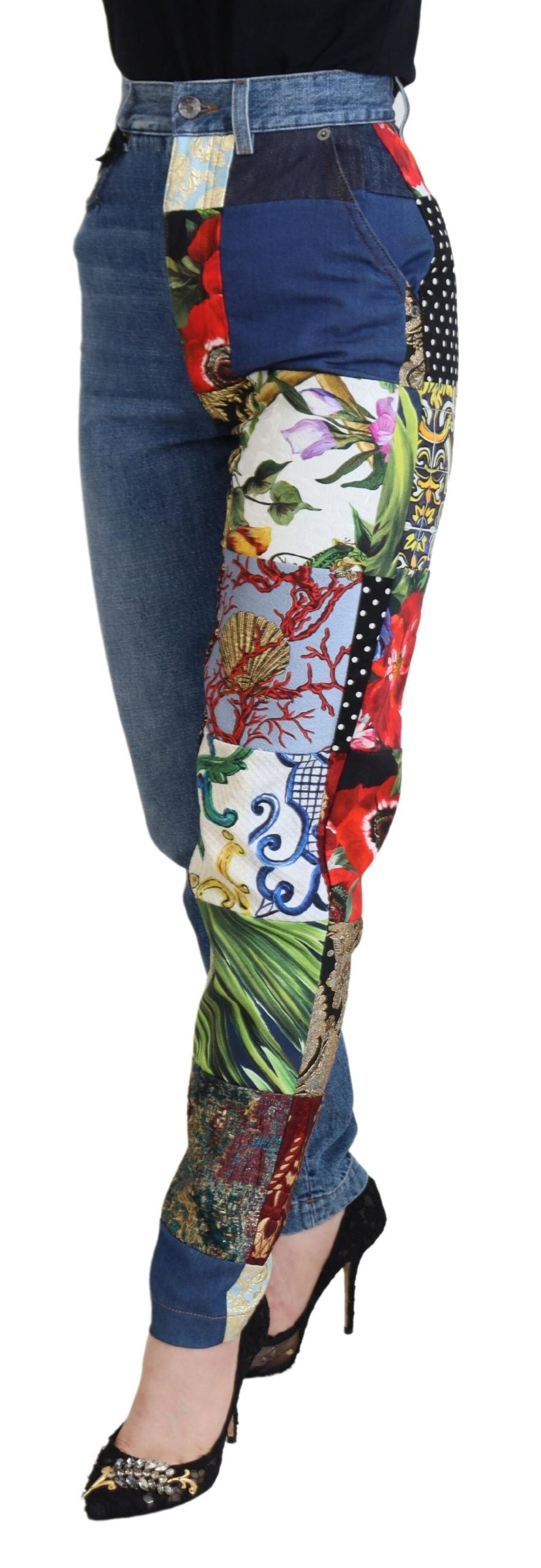 Blauwe jacquard majolica jeans met hoge taille