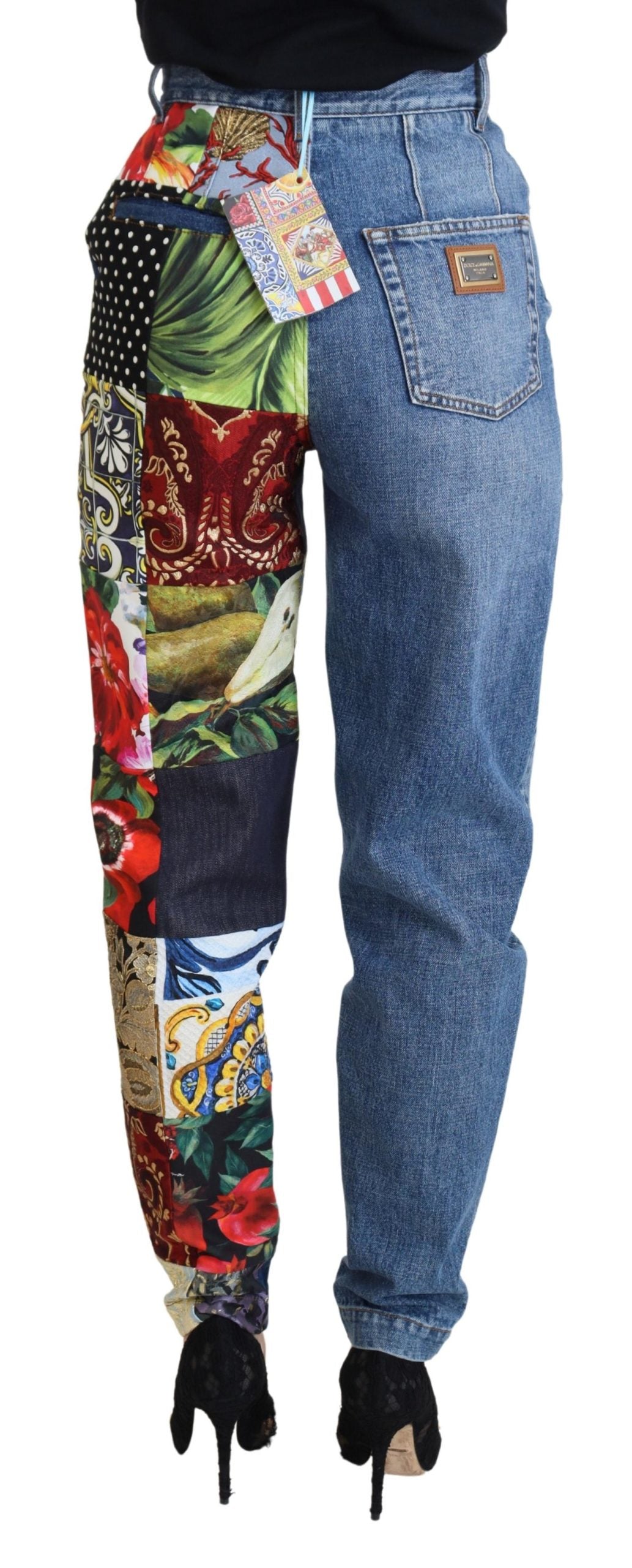 Blauwe jacquard majolica jeans met hoge taille