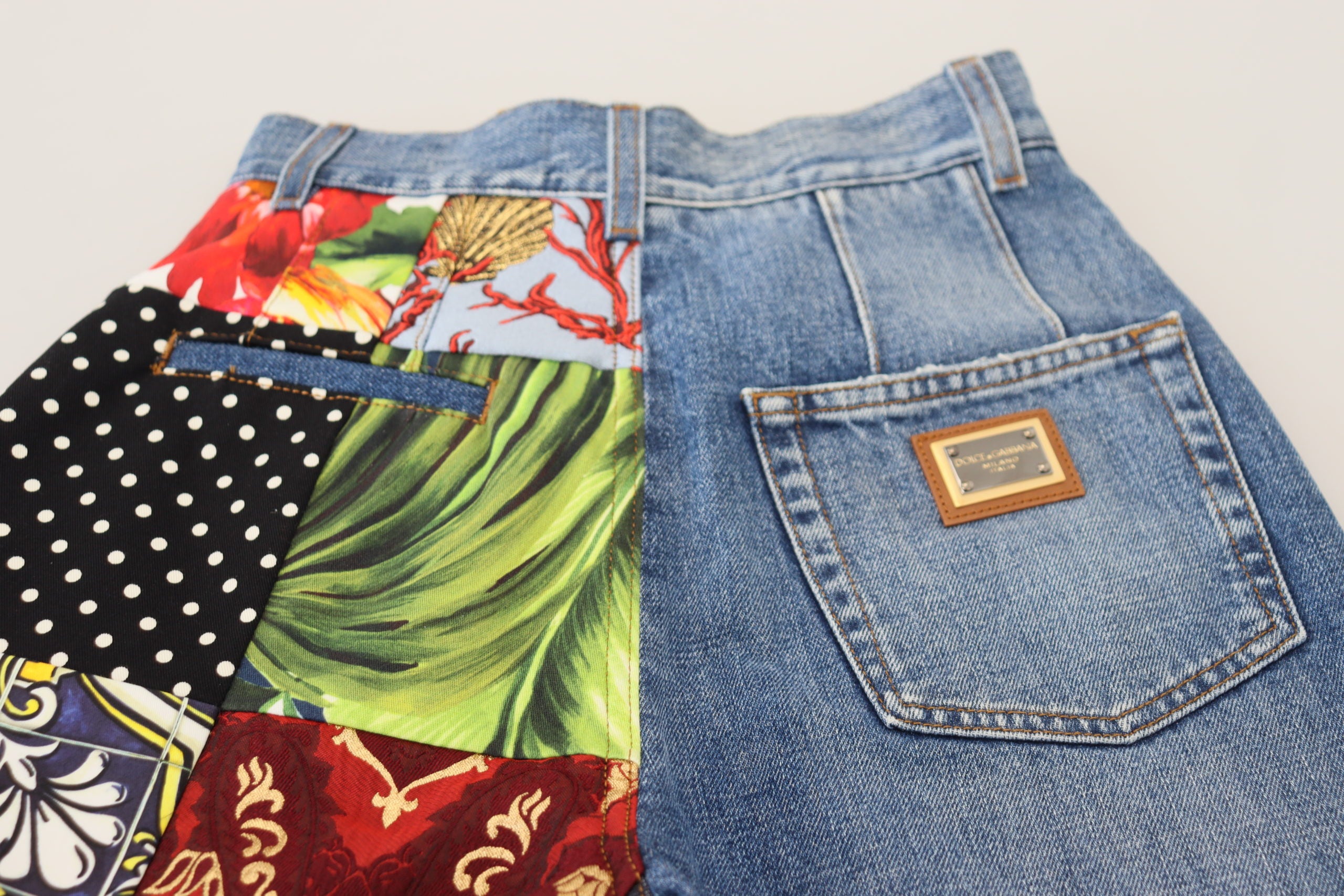 Blauwe jacquard majolica jeans met hoge taille