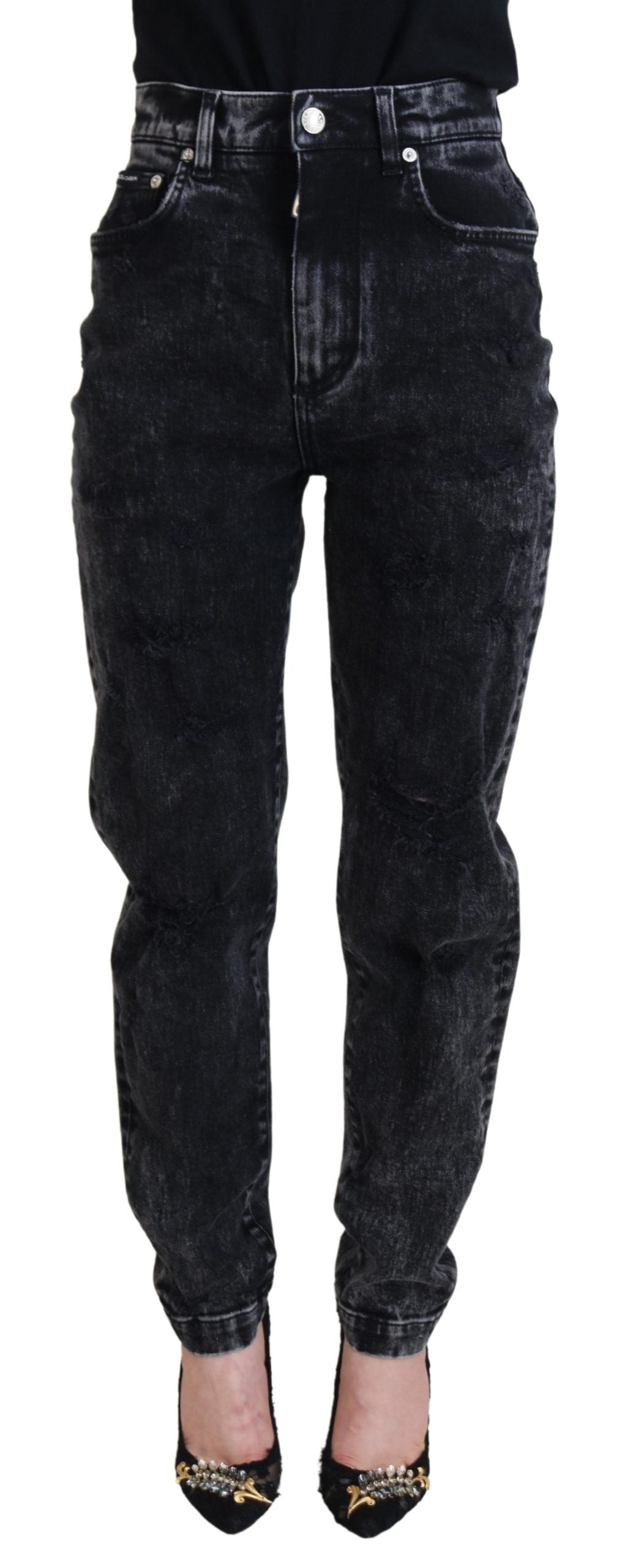 Zwarte gewassen katoenen denim jeans met hoge taille