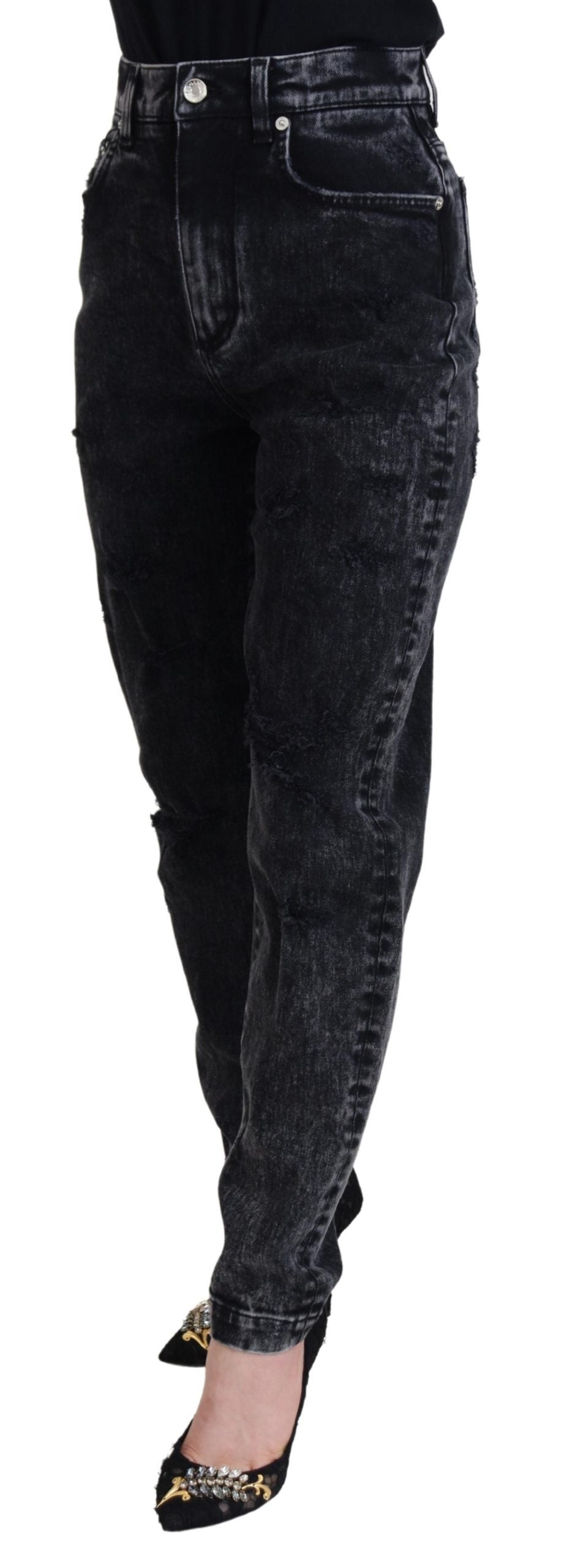 Zwarte gewassen katoenen denim jeans met hoge taille
