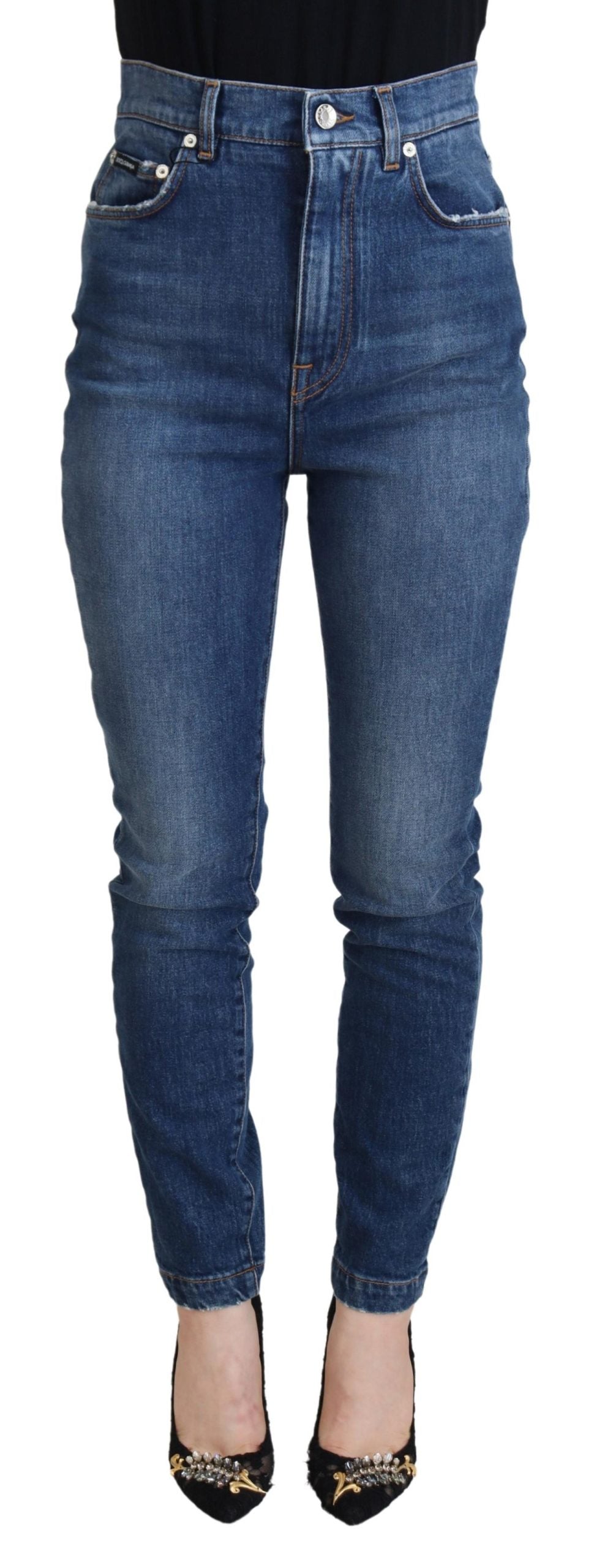 Blauwe katoenen skinny denim jeans met hoge taille