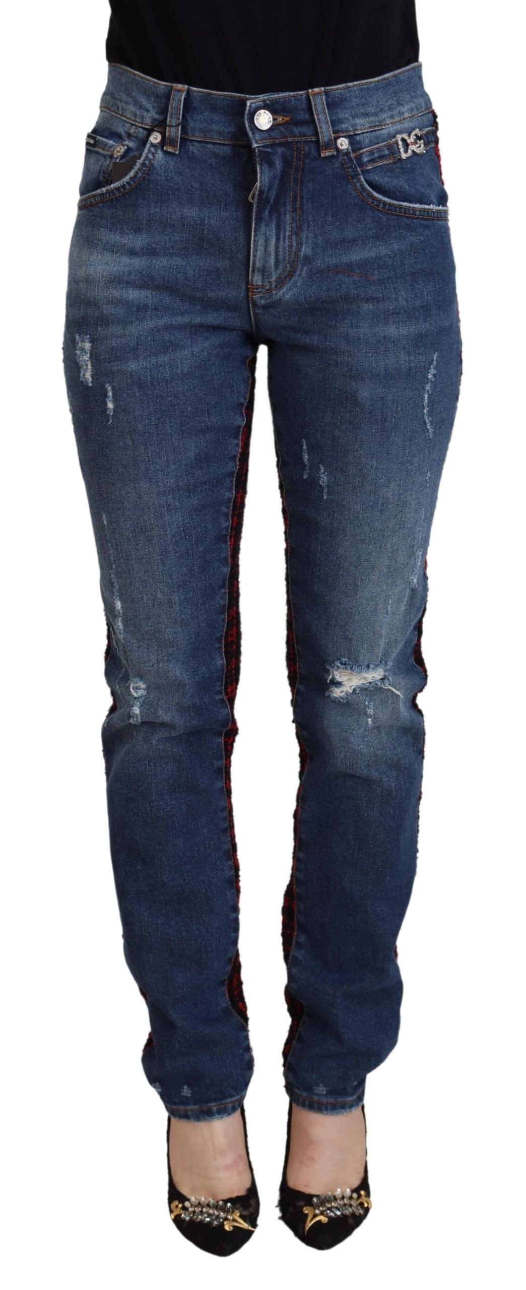 Blauwe geruite skinny denim jeans