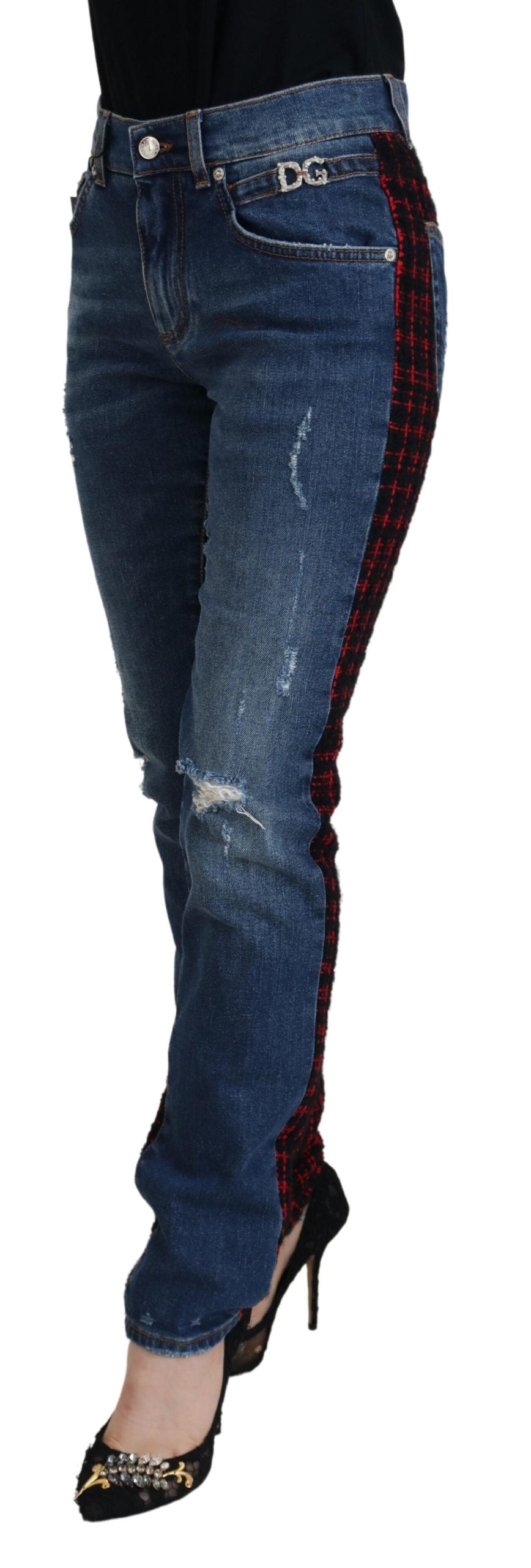 Blauwe geruite skinny denim jeans
