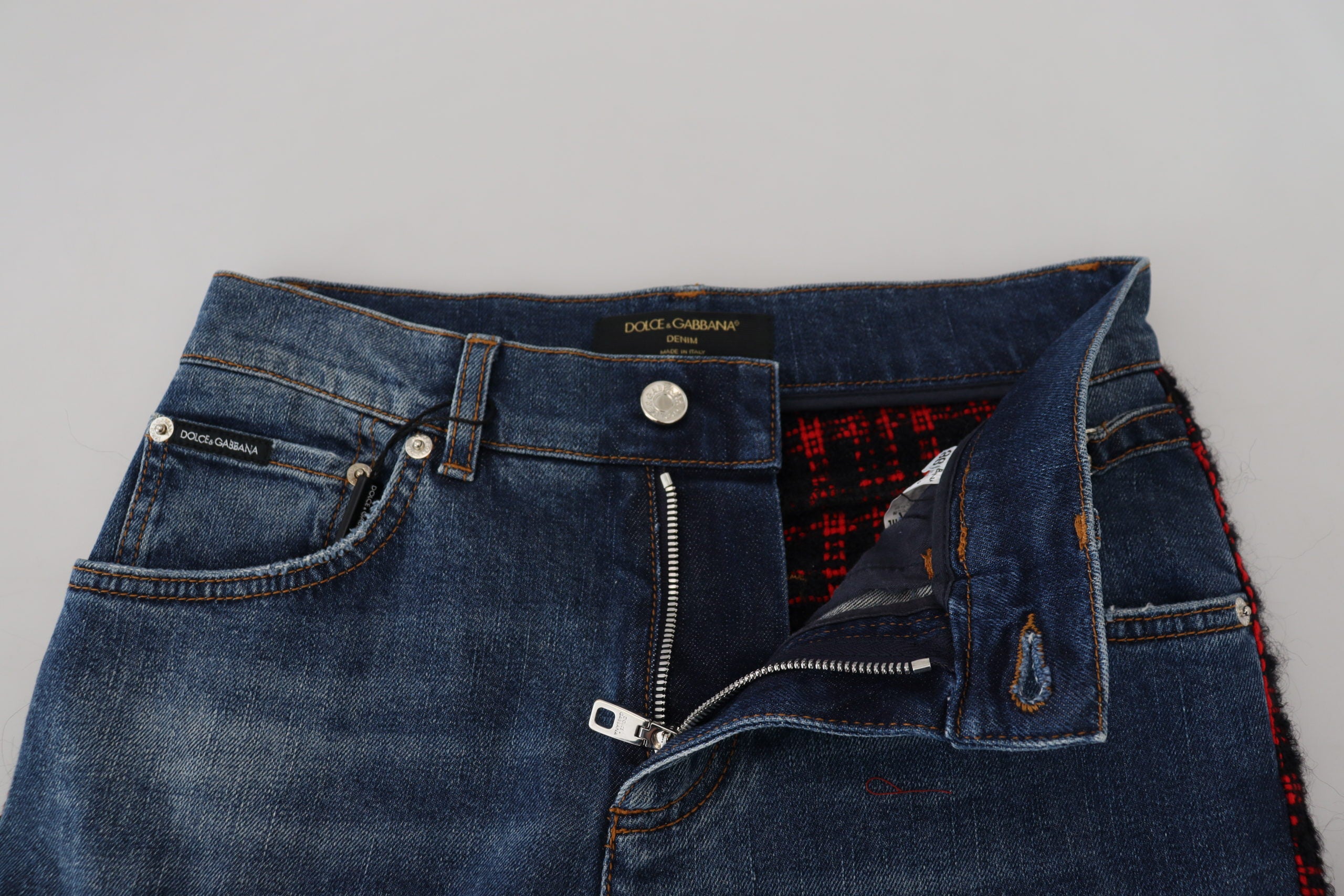Blauwe geruite skinny denim jeans