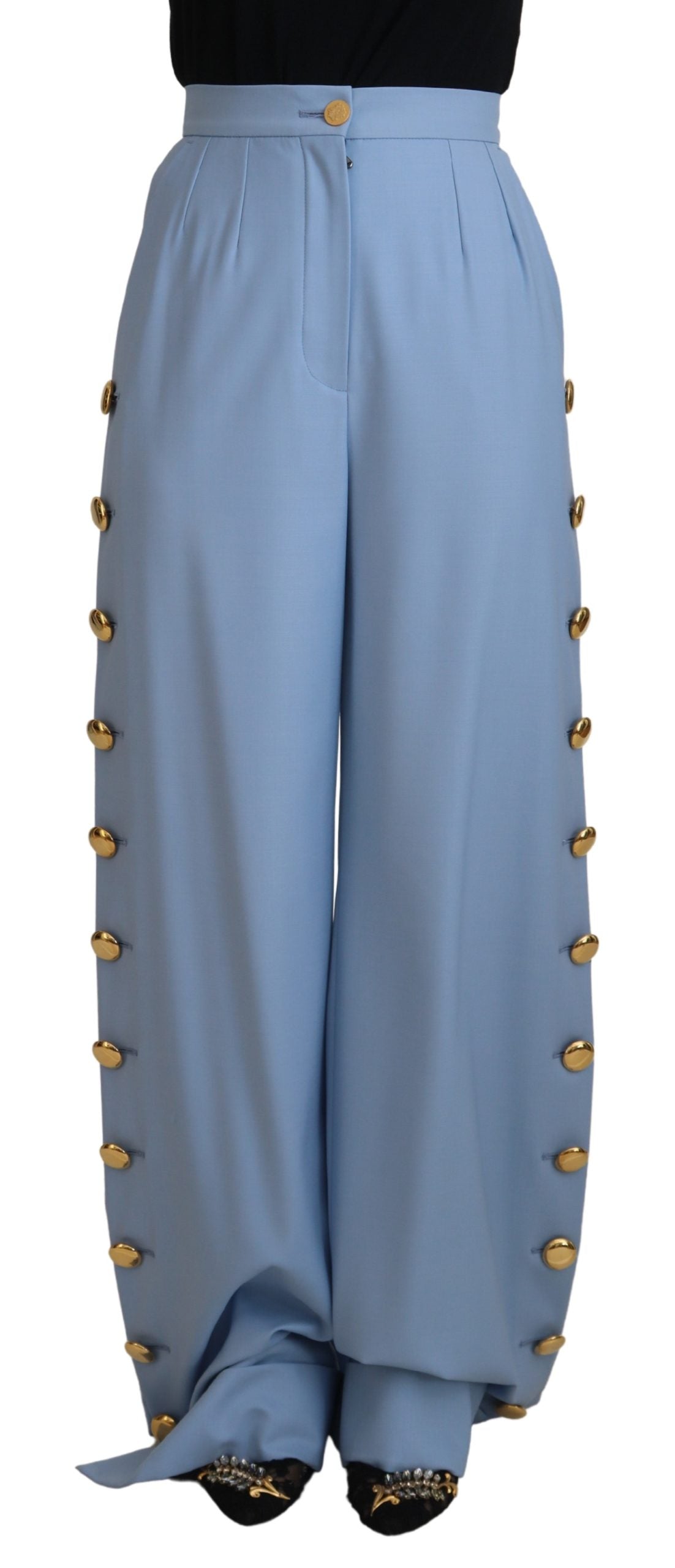 Lichtblauwe broek met wijde pijpen en knopen