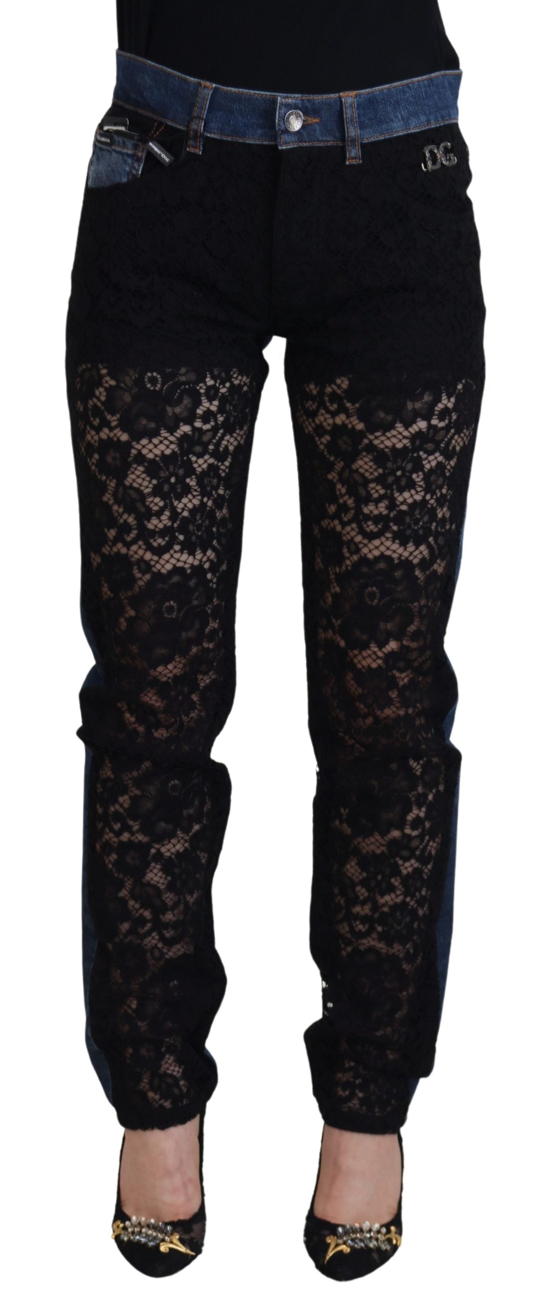 Zwarte skinny denim jeans met bloemenkant aan de voorkant