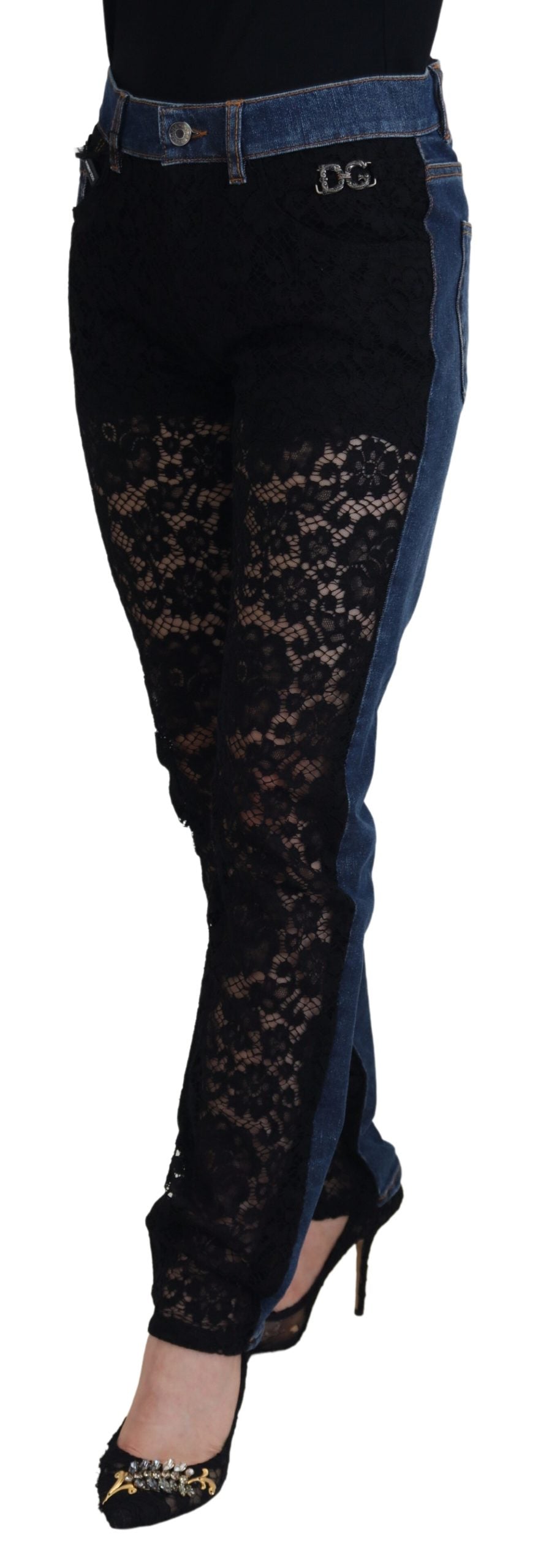 Zwarte skinny denim jeans met bloemenkant aan de voorkant