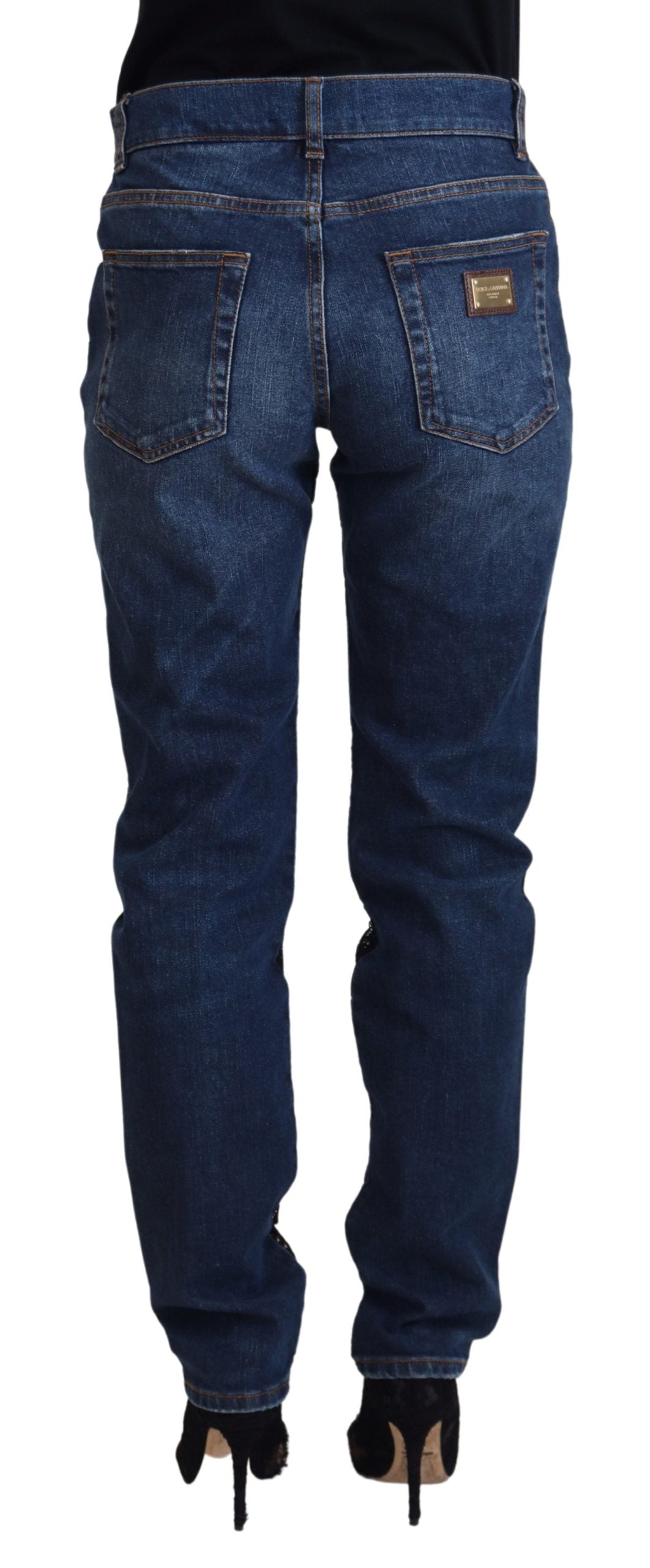 Zwarte skinny denim jeans met bloemenkant aan de voorkant