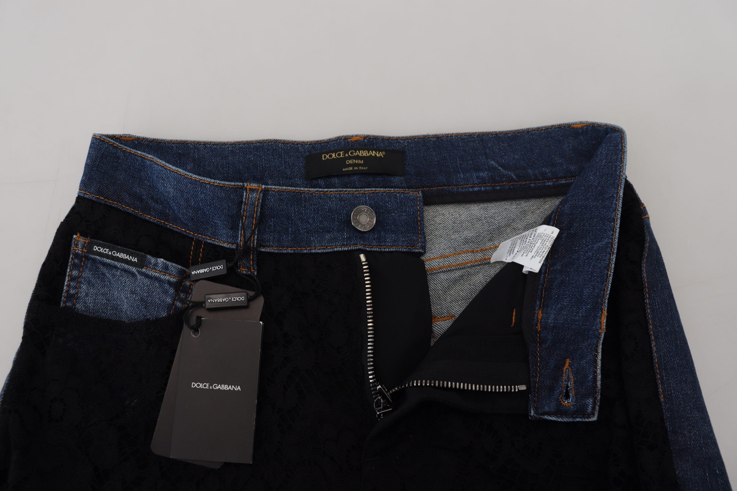 Zwarte skinny denim jeans met bloemenkant aan de voorkant
