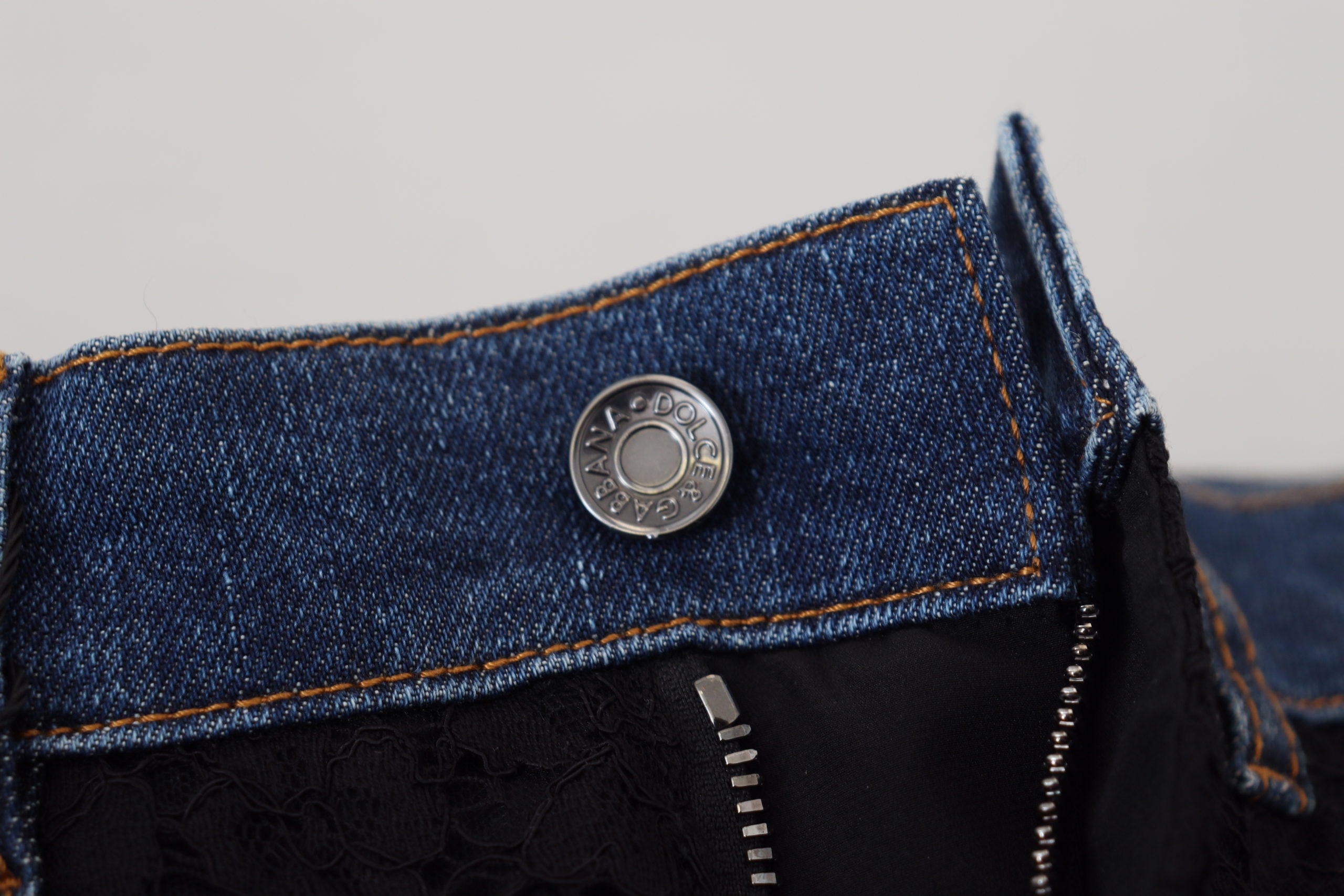 Zwarte skinny denim jeans met bloemenkant aan de voorkant