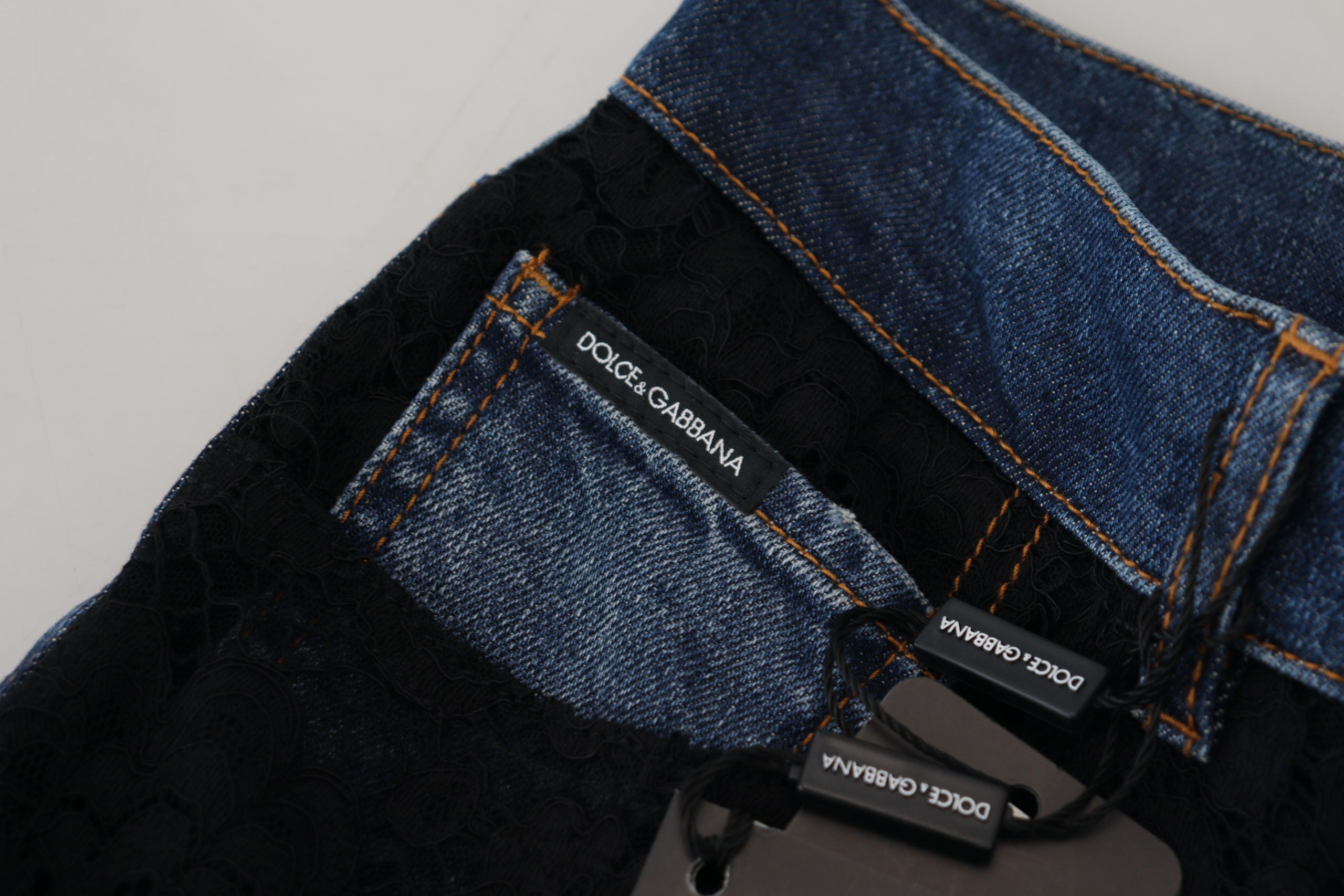 Zwarte skinny denim jeans met bloemenkant aan de voorkant
