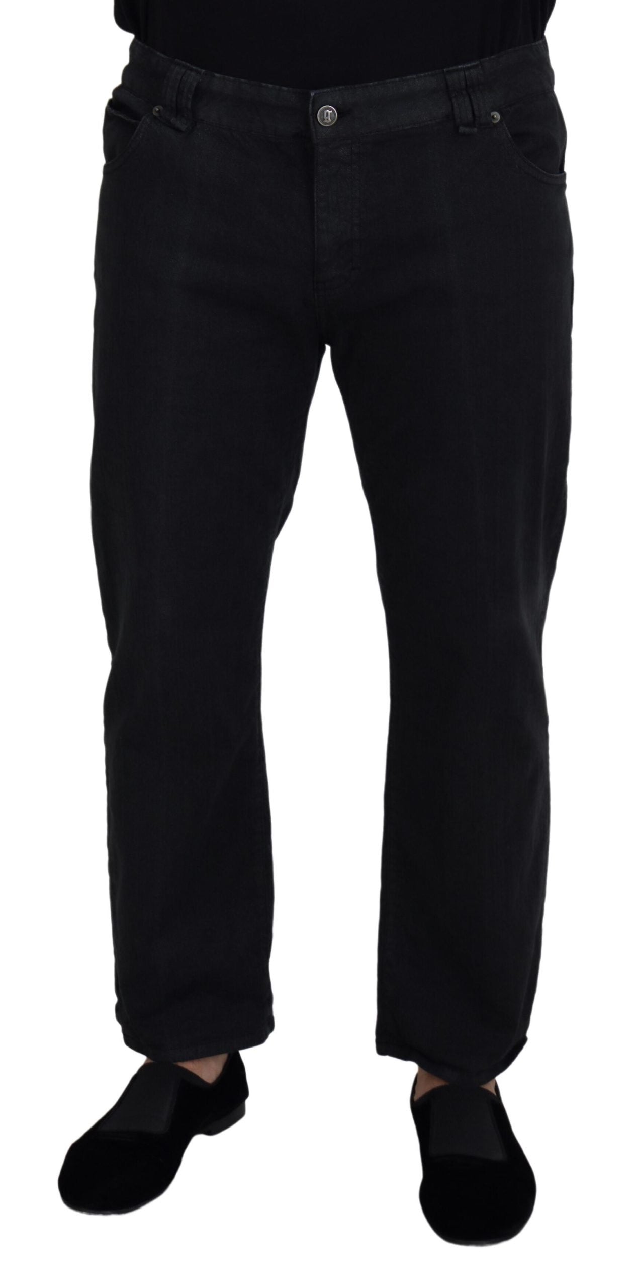 Zwarte katoenen casual denim jeans met gesp aan de achterkant