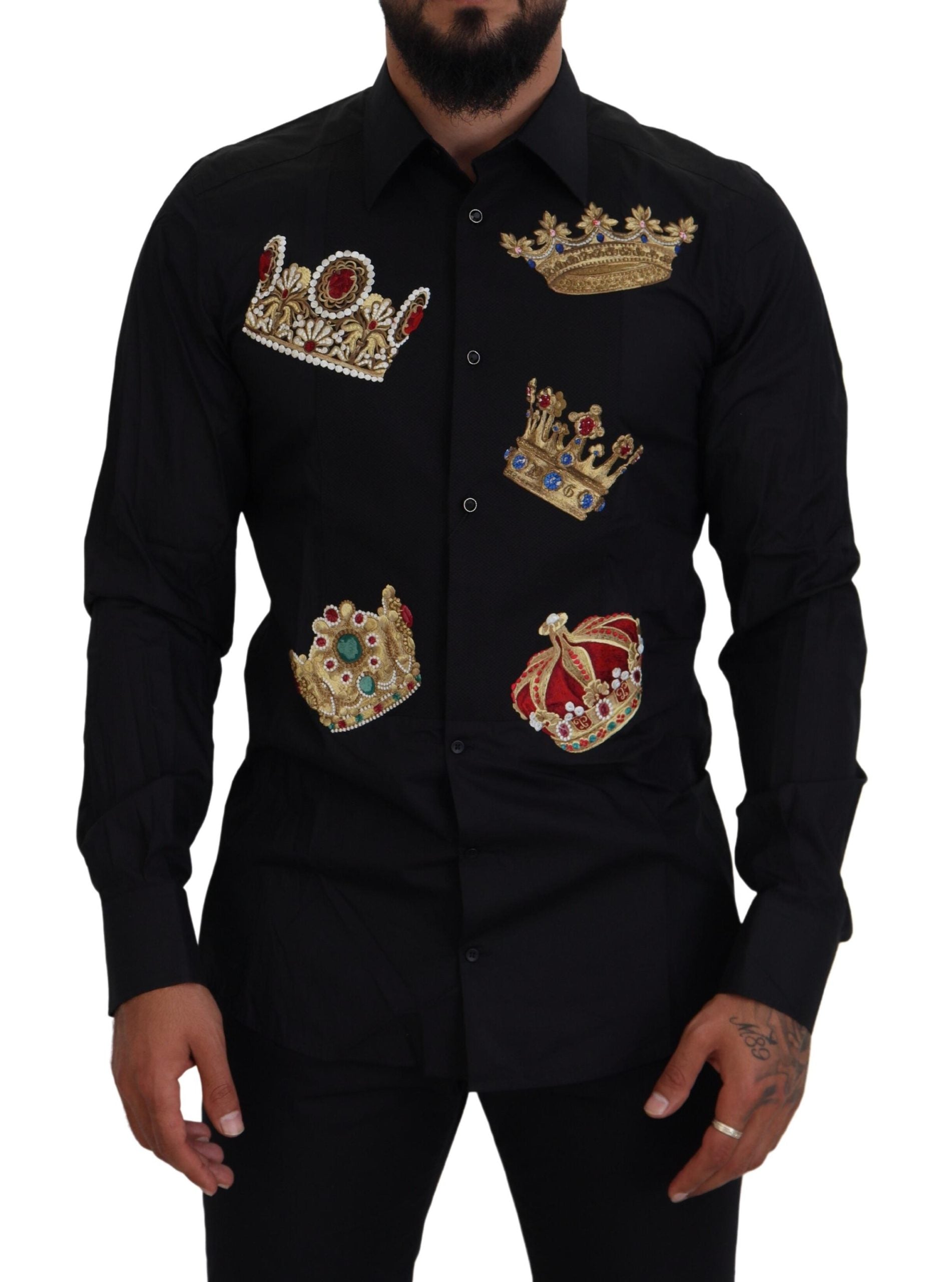 Zwart Goud Kroon Slim Fit Formeel Overhemd