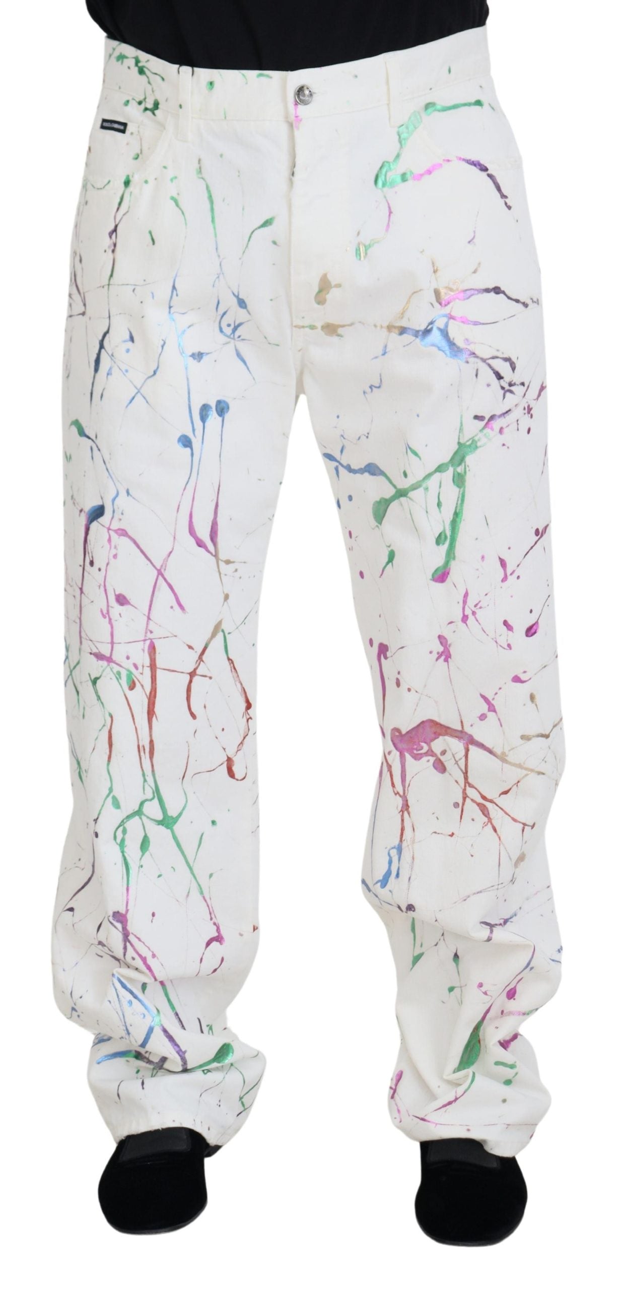 Witte katoenen denim broek met kleurspattenprint