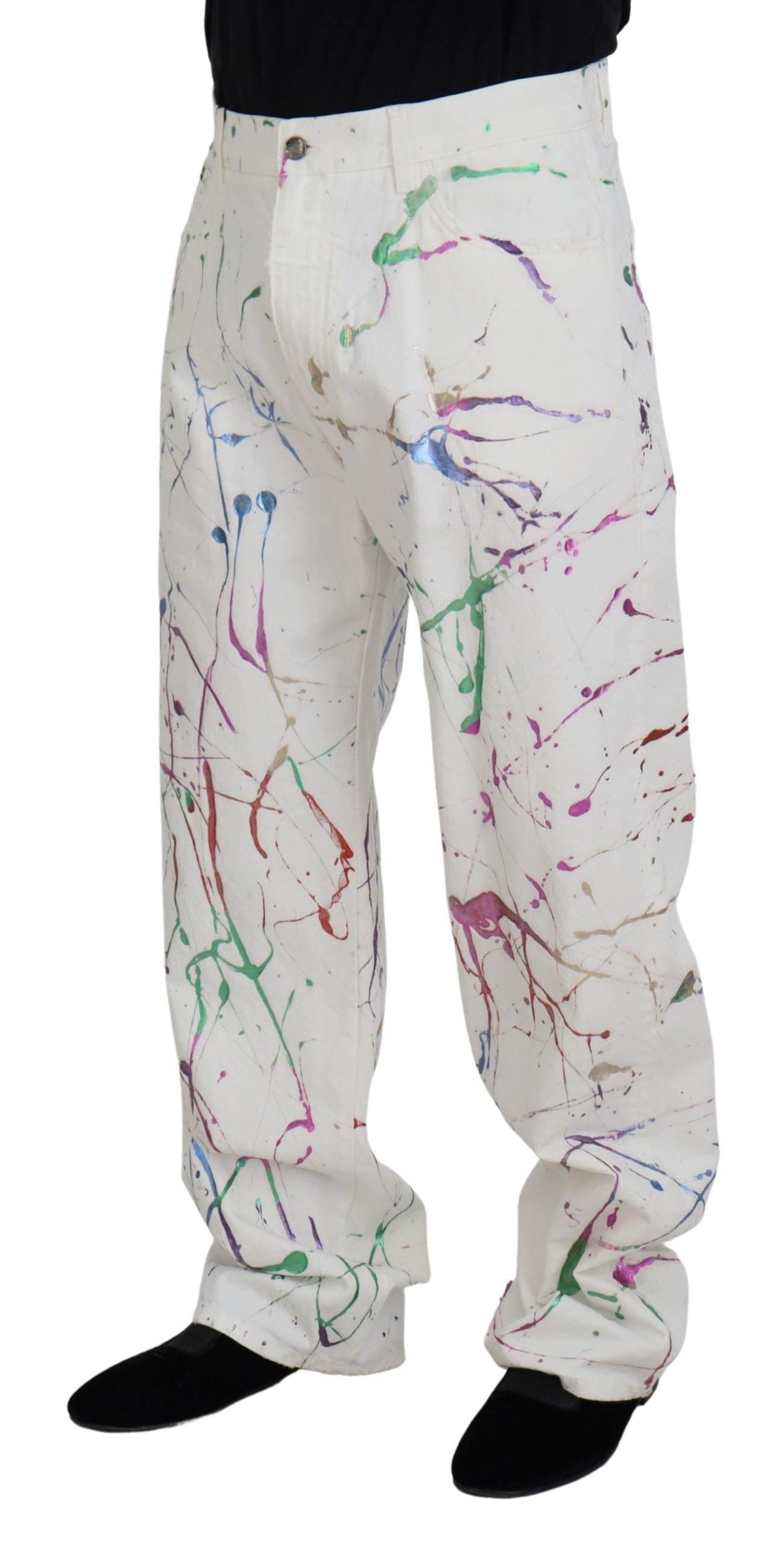 Witte katoenen denim broek met kleurspattenprint