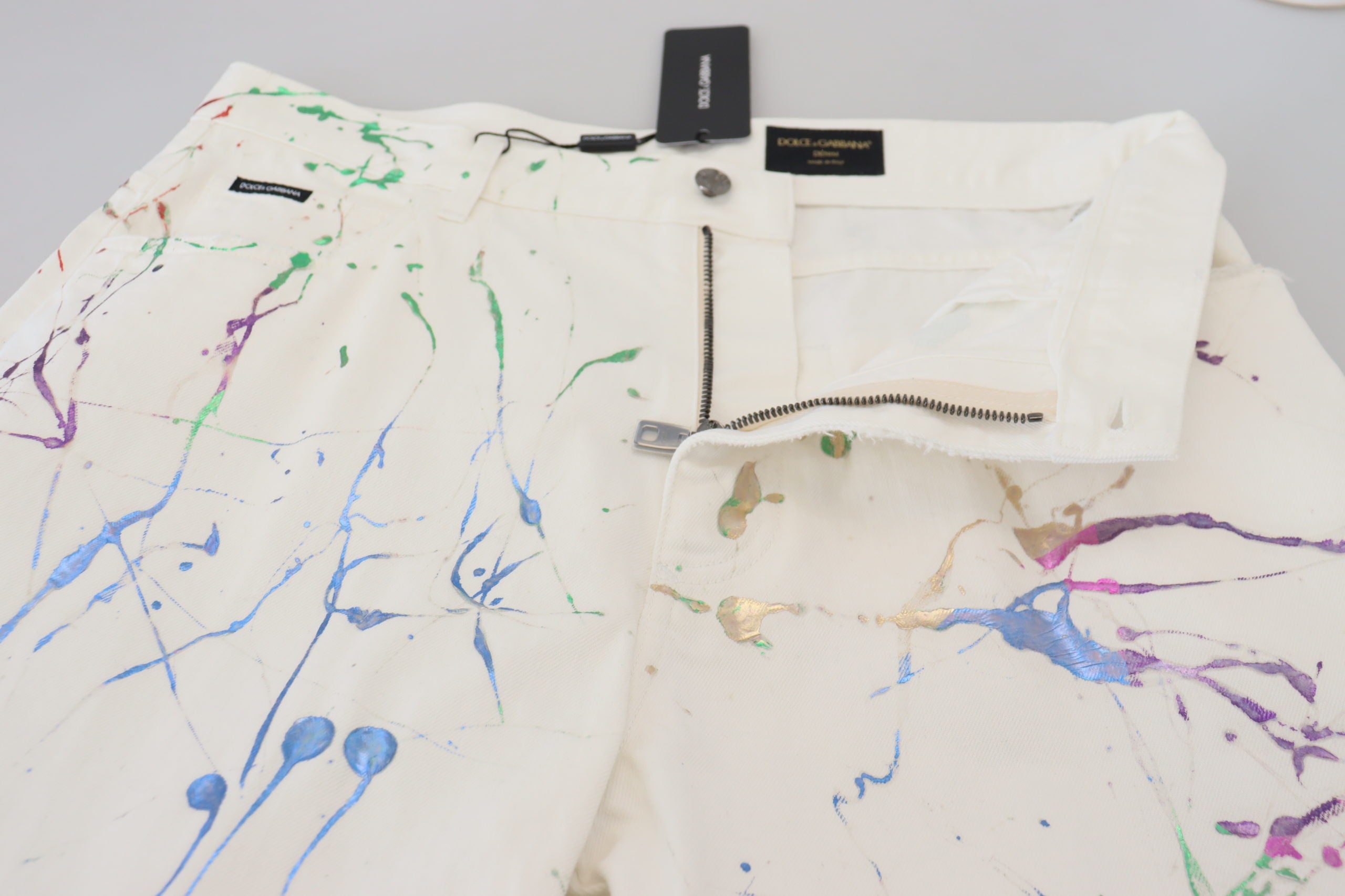 Witte katoenen denim broek met kleurspattenprint