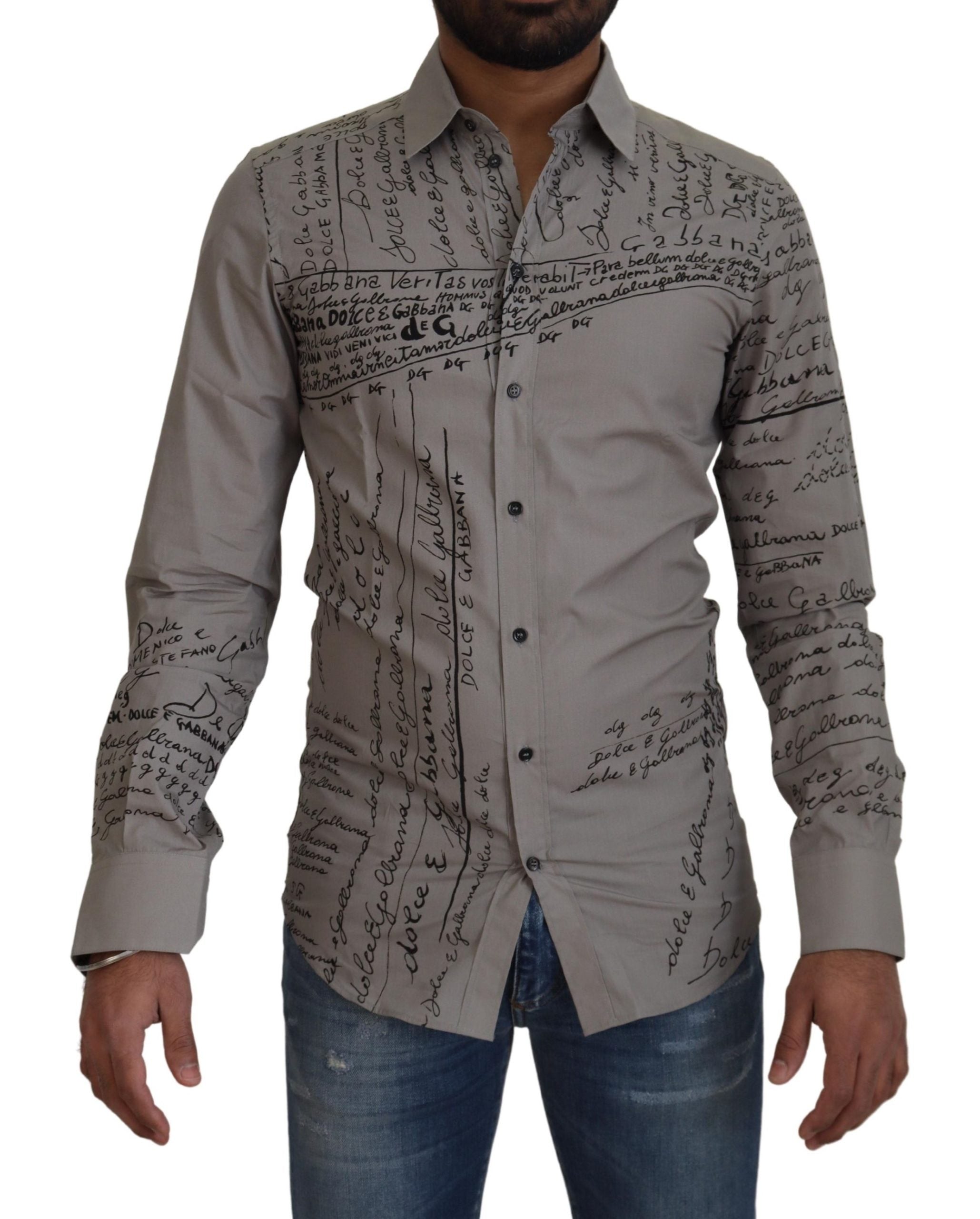 Grijs bedrukt katoenen slim-fit jurkje met goudkleurig overhemd