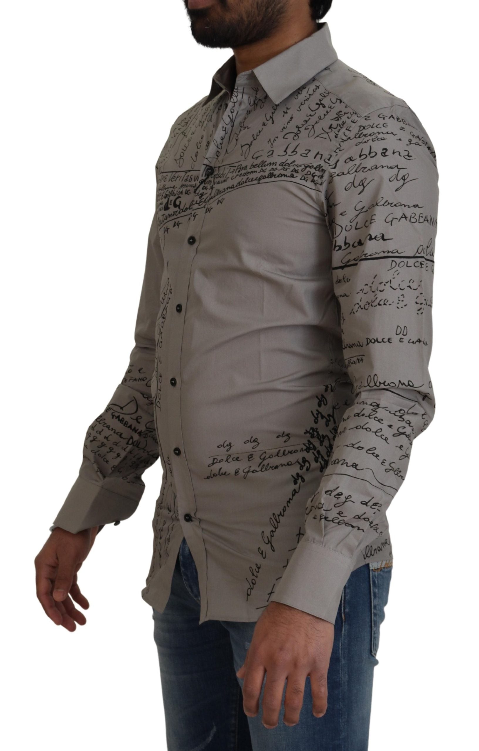 Grijs bedrukt katoenen slim-fit jurkje met goudkleurig overhemd