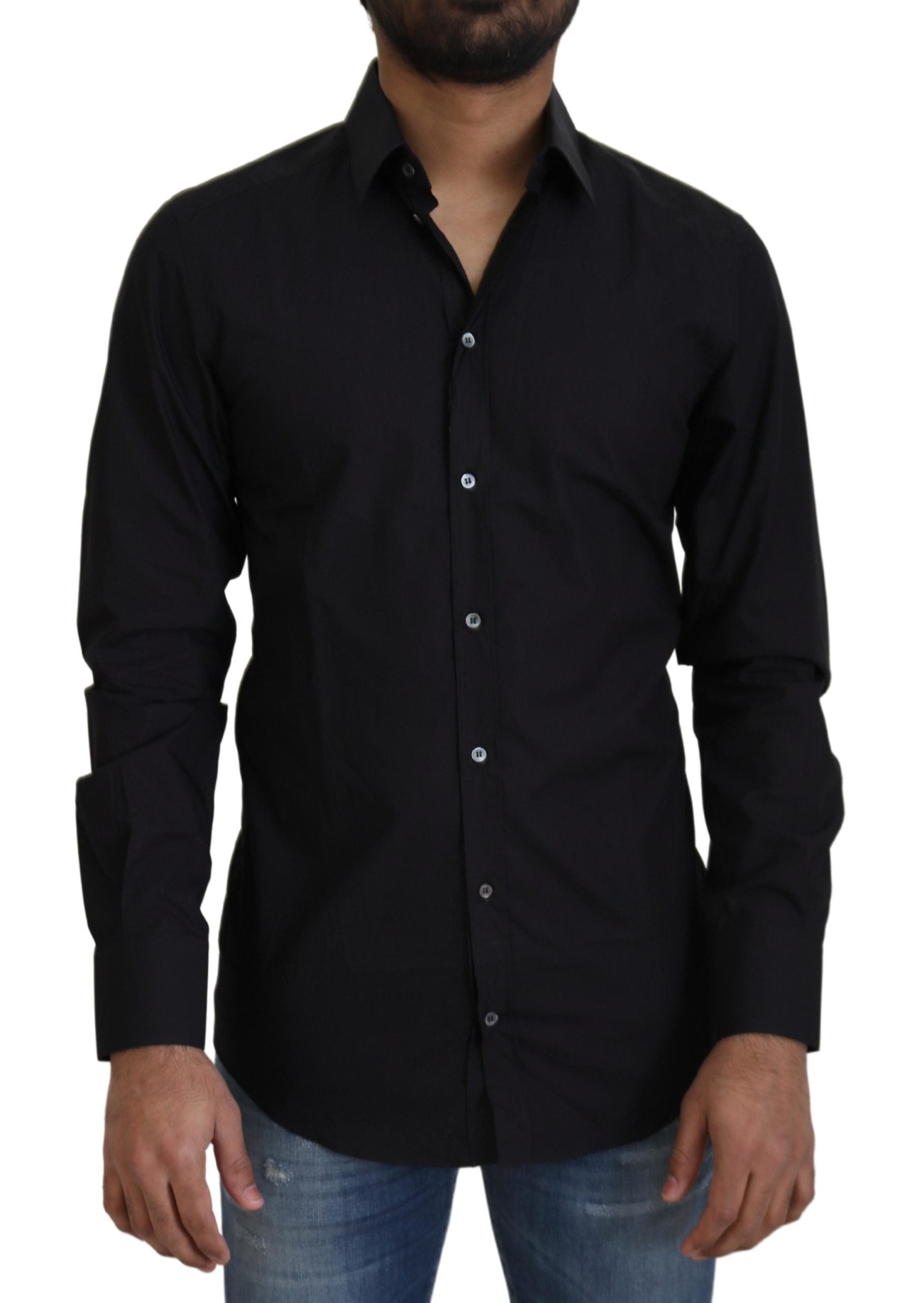 Zwart katoenen slim fit formeel overhemd met goudkleurige details