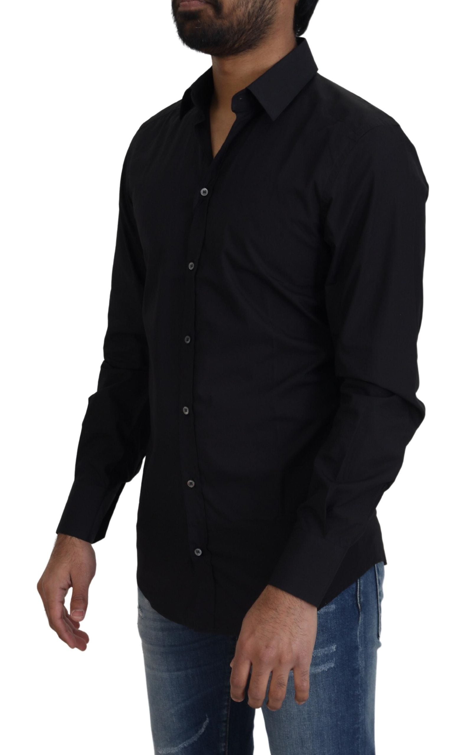Zwart katoenen slim fit formeel overhemd met goudkleurige details