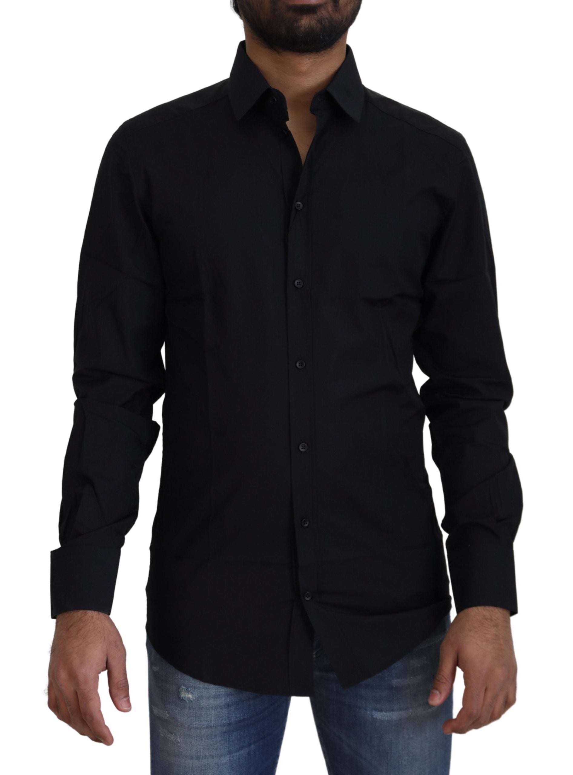 Zwart katoenen slim fit formeel overhemd met goudkleurige details