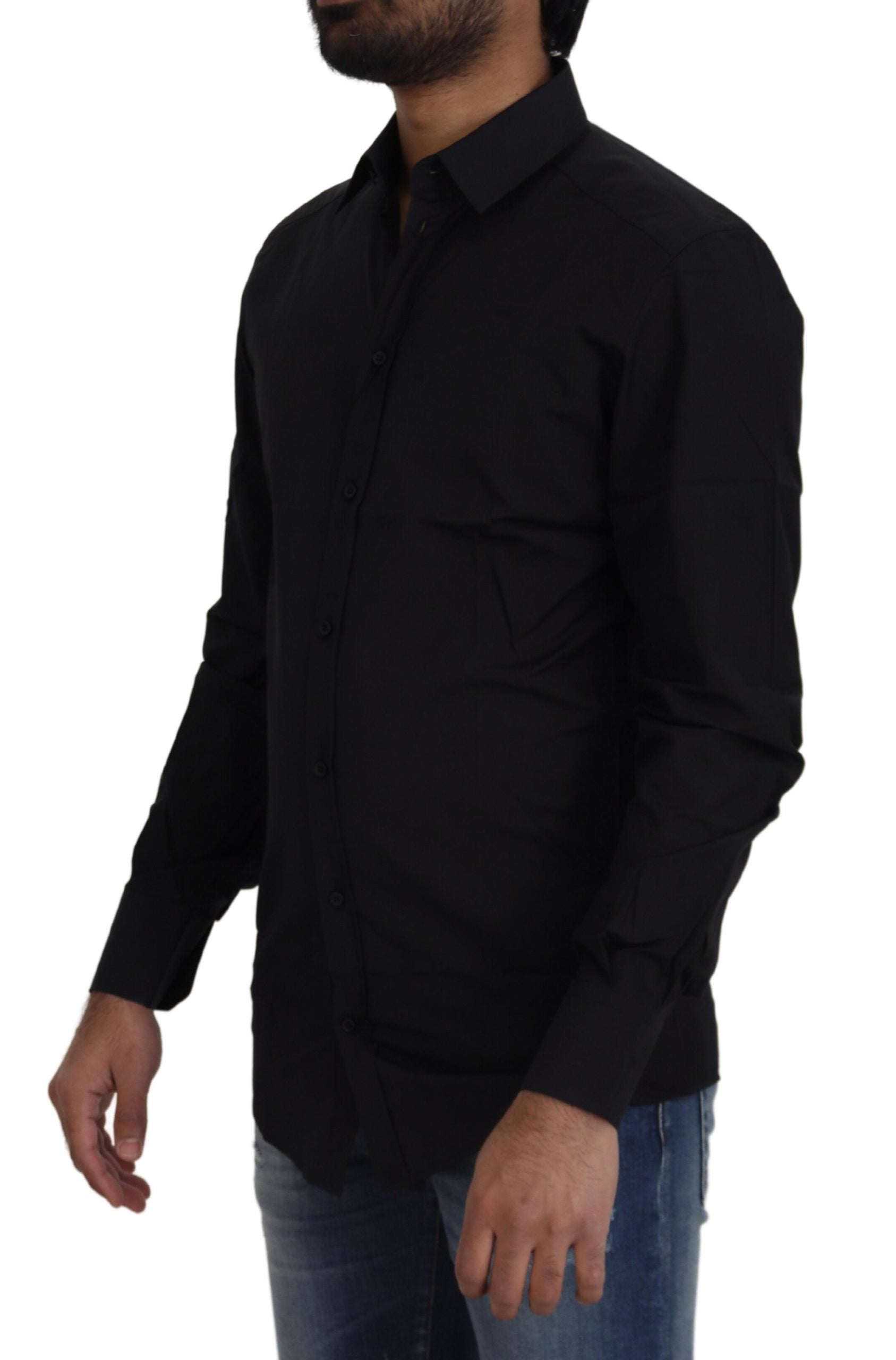 Zwart katoenen slim fit formeel overhemd met goudkleurige details