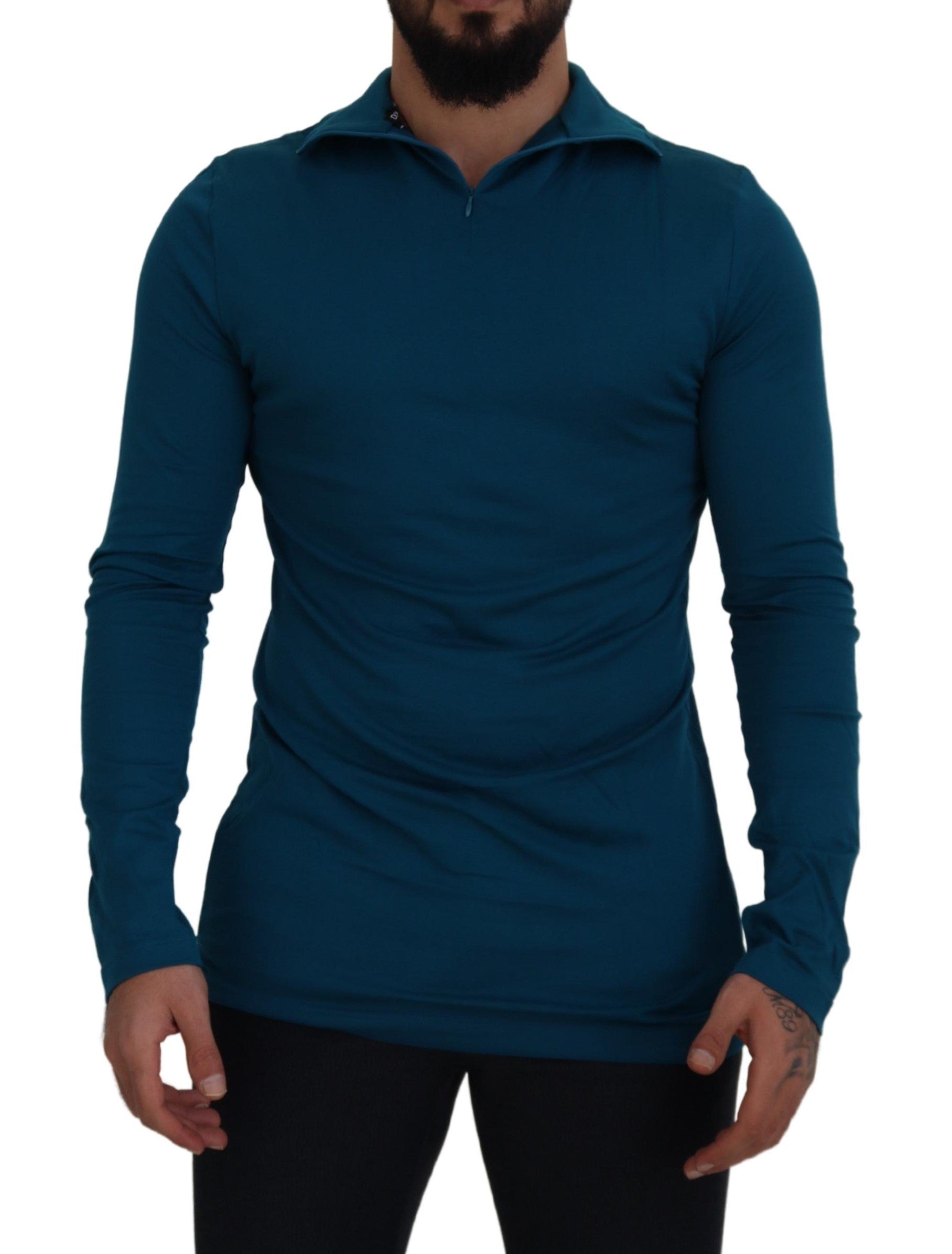 Blauwe katoenen kraagsweater met smalle kraag