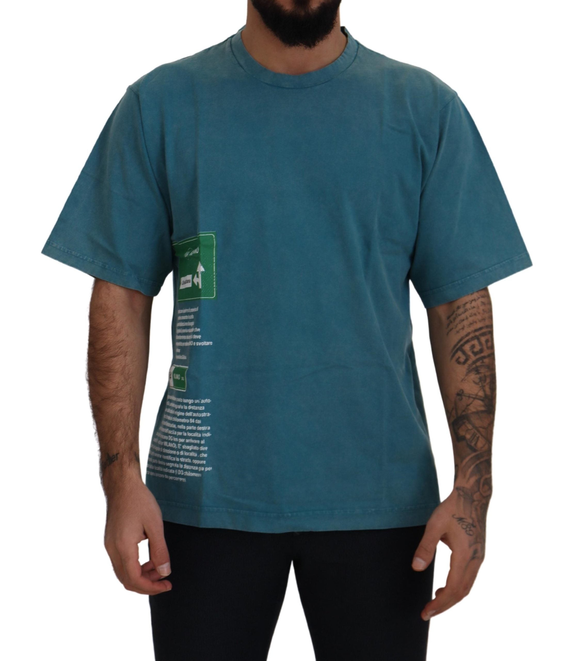 Blauw logo-print ronde hals katoenen T-shirt