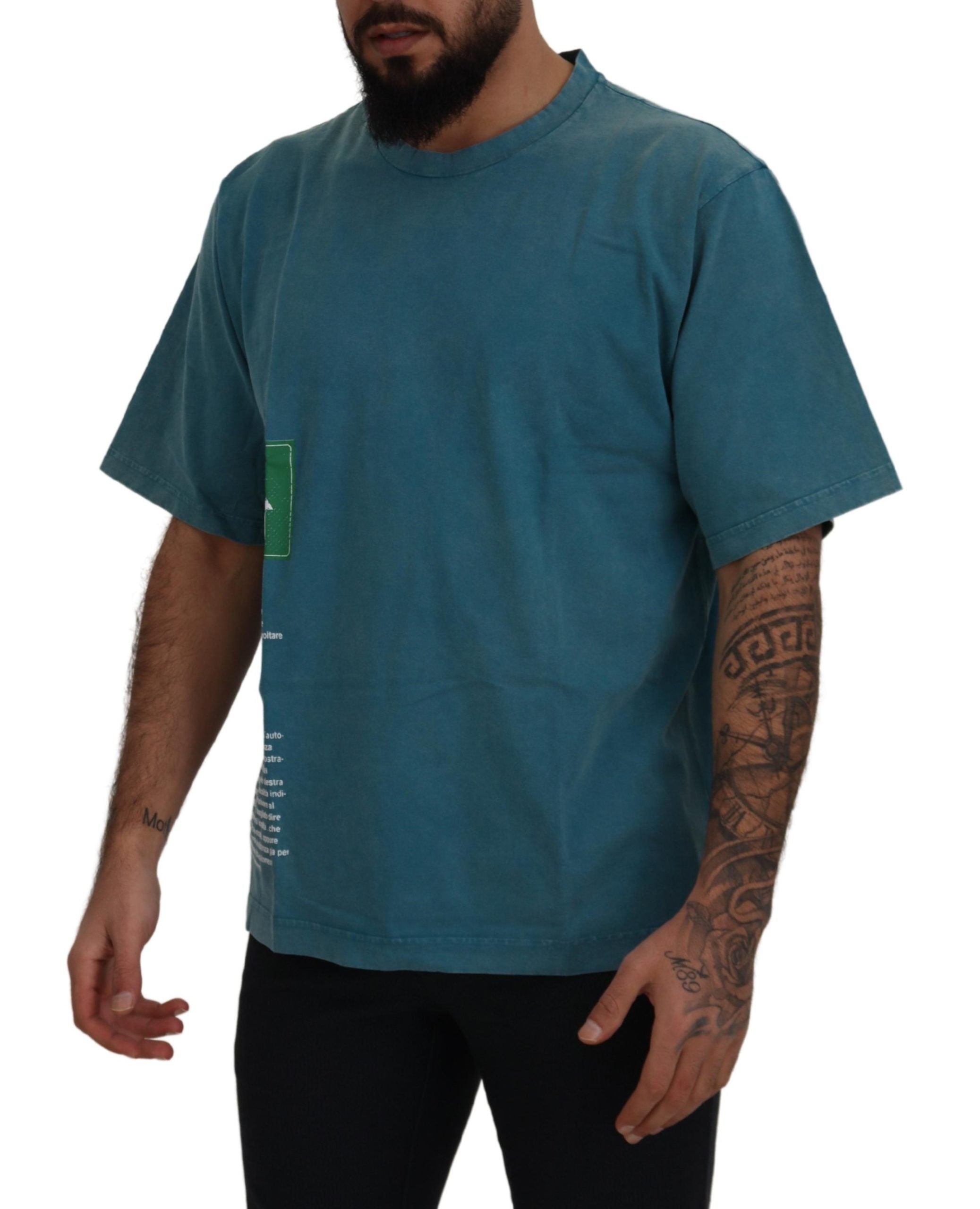 Blauw logo-print ronde hals katoenen T-shirt