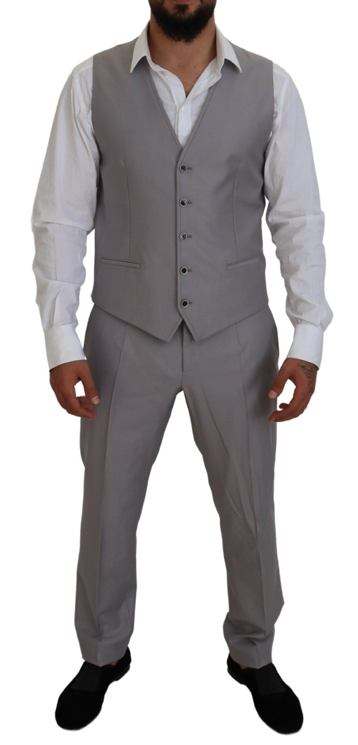 Zilveren wollen zijden 3-delig slim fit pak