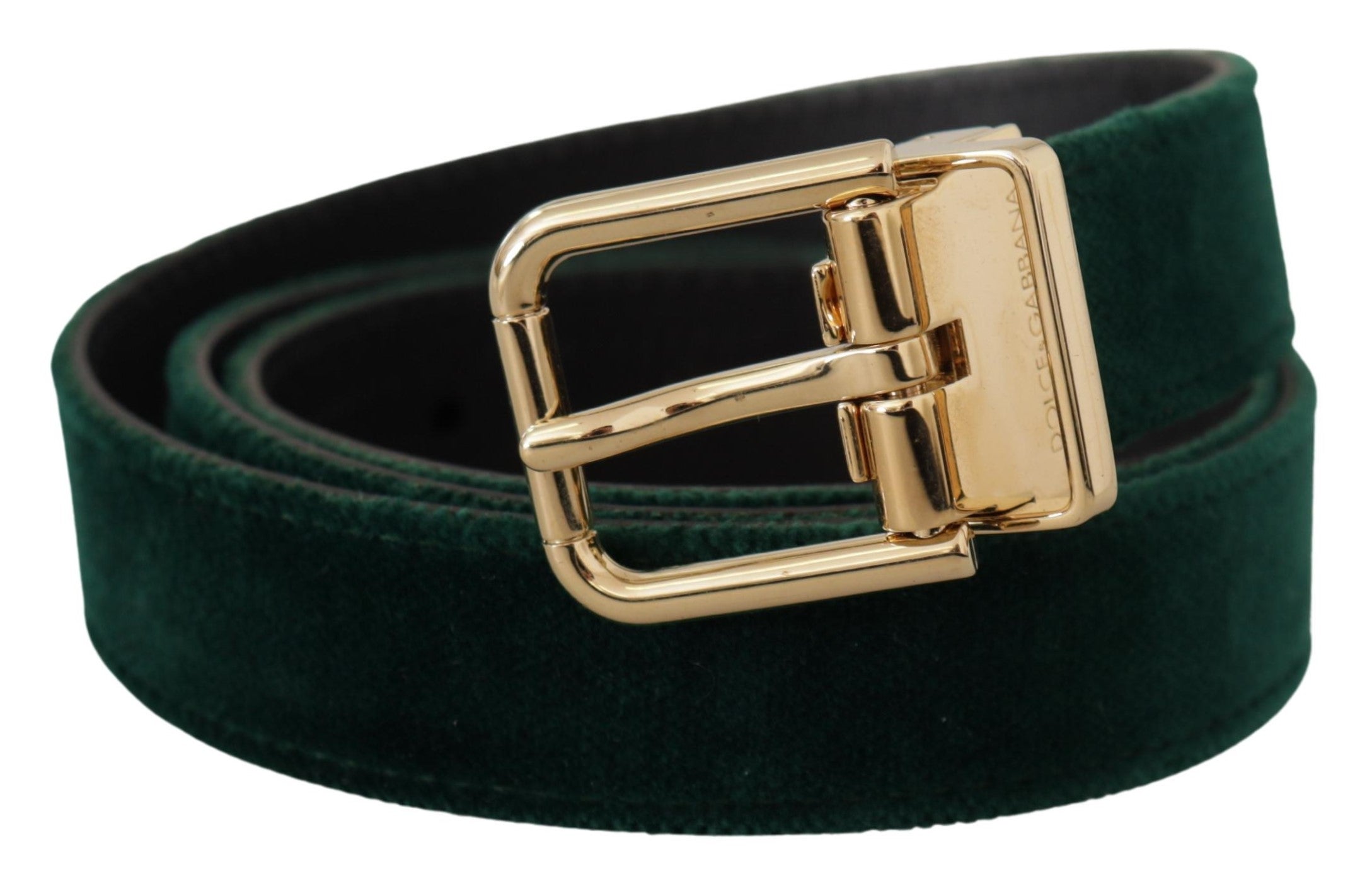 Groene fluwelen leren riem met goudkleurig metalen logo