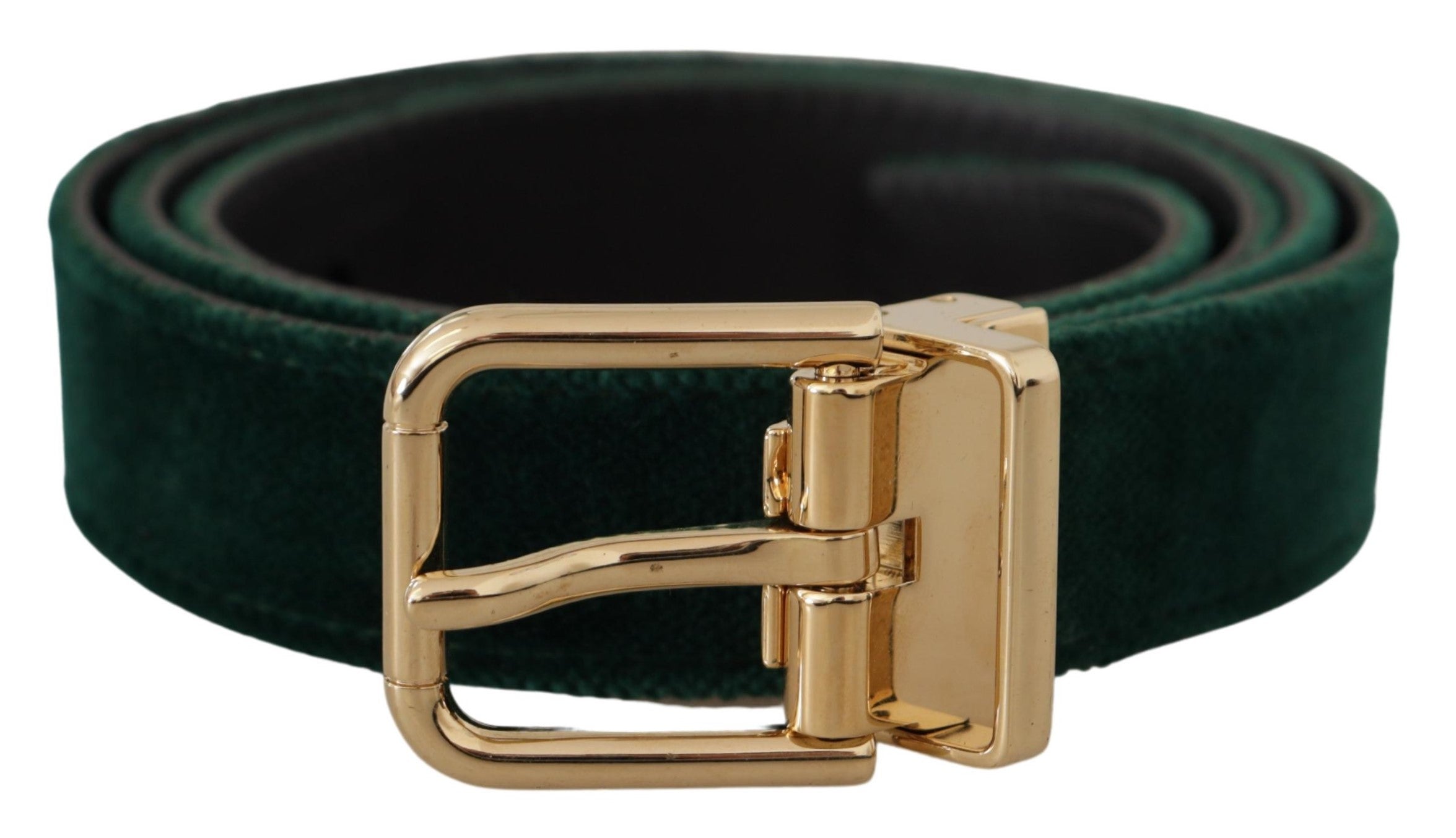 Groene fluwelen leren riem met goudkleurig metalen logo