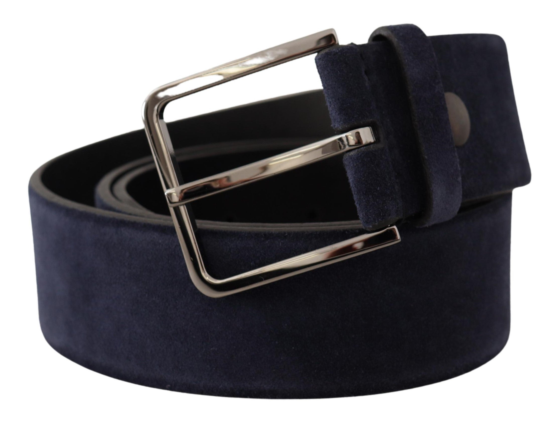 Marineblauwe fluwelen leren riem met zilveren logogesp