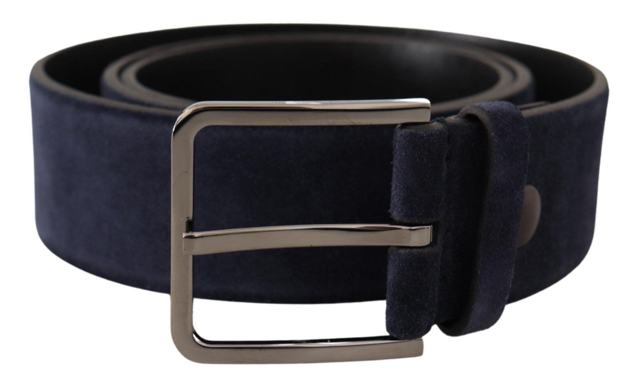 Marineblauwe fluwelen leren riem met zilveren logogesp