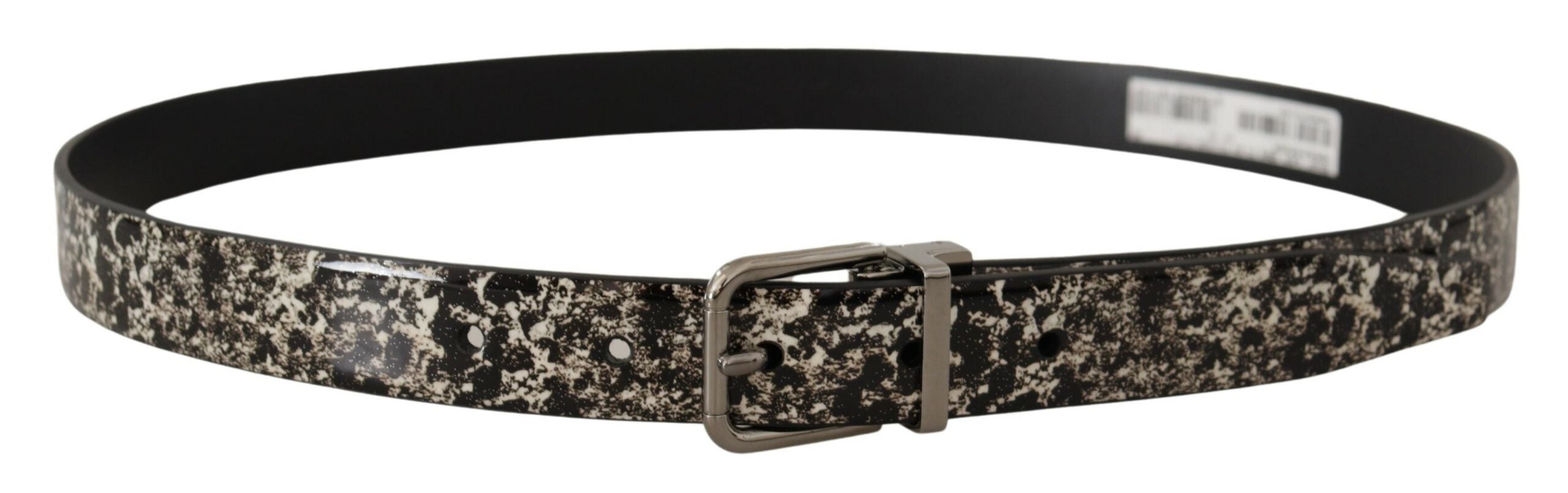 Zwarte leren riem met marmerprint en zilveren logogesp