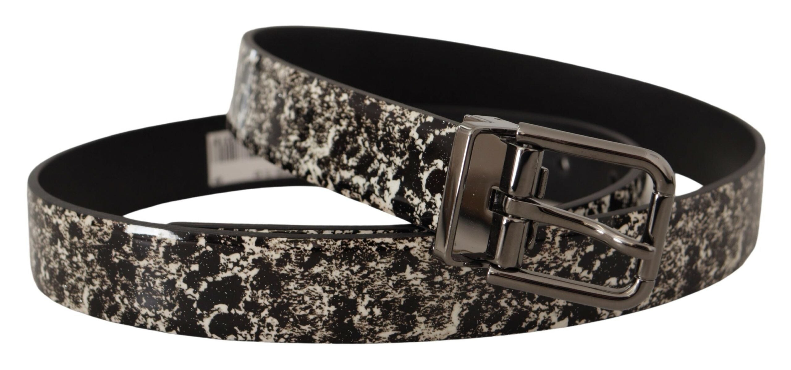 Zwarte leren riem met marmerprint en grijs logo