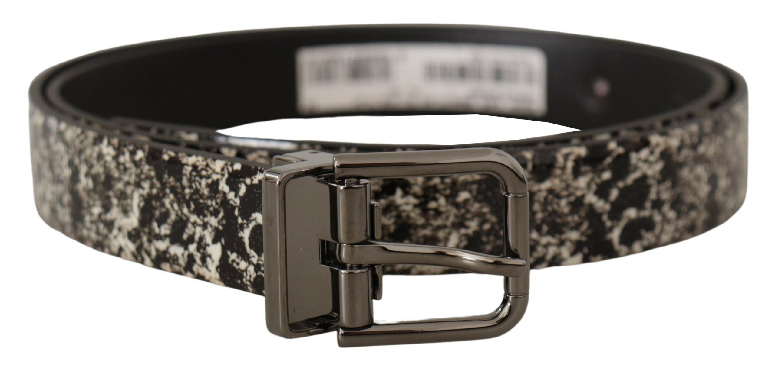 Zwarte leren riem met marmerprint en grijs logo