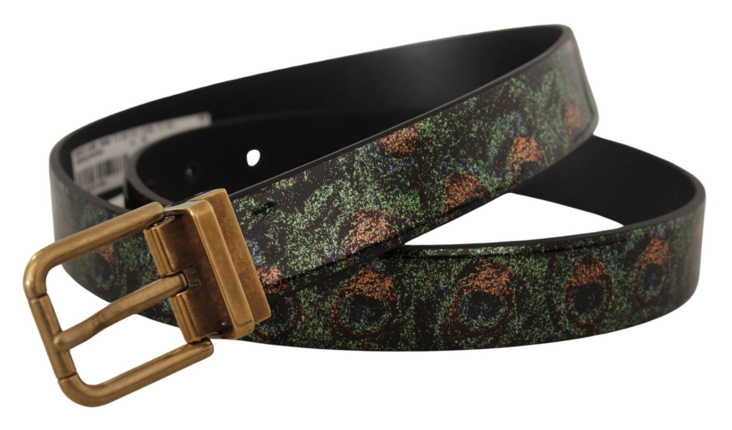 Veelkleurige leren Vernice Pavone bronzen metalen riem