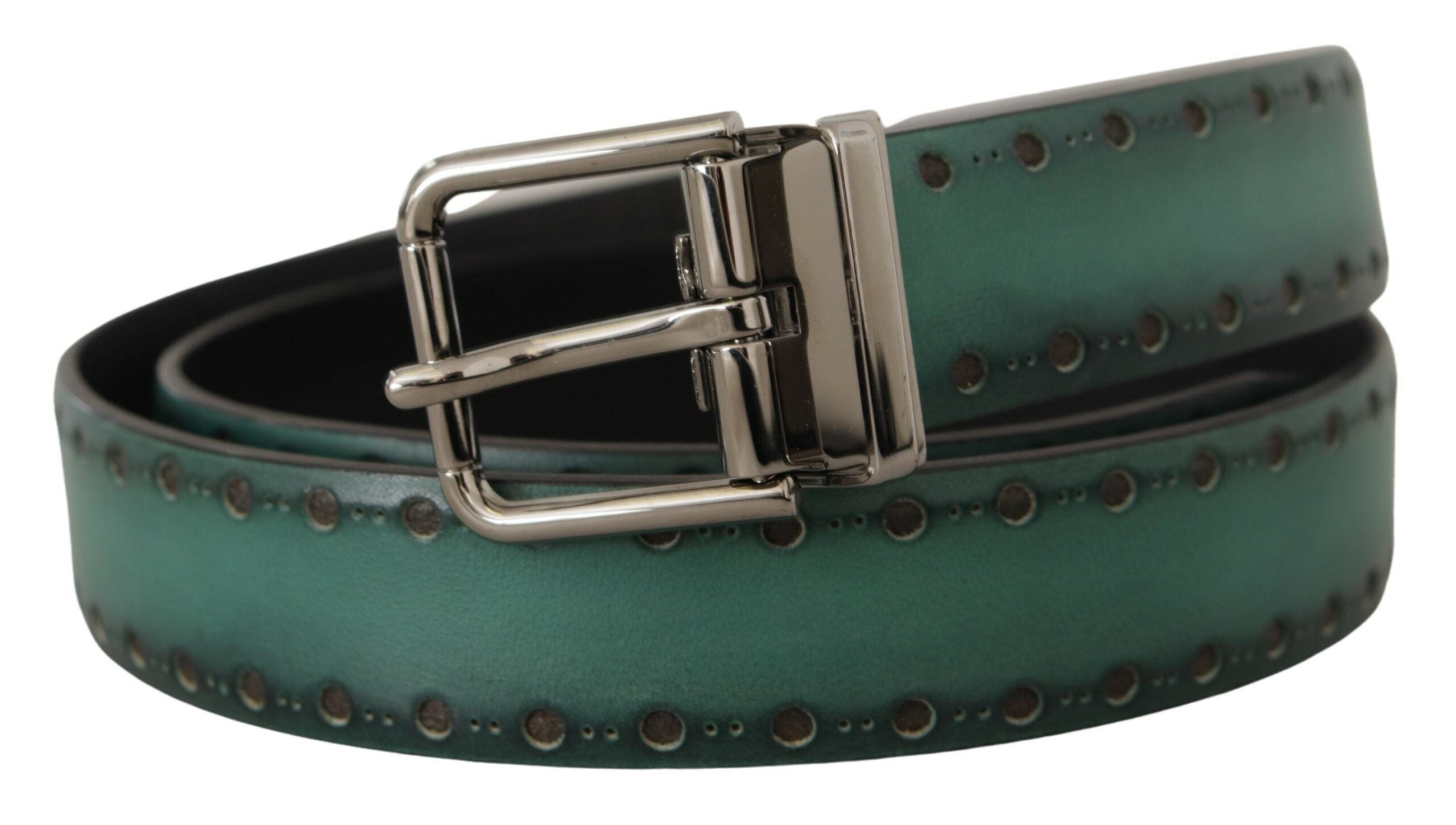 Groene Giotto leren riem met zilveren metalen gesp