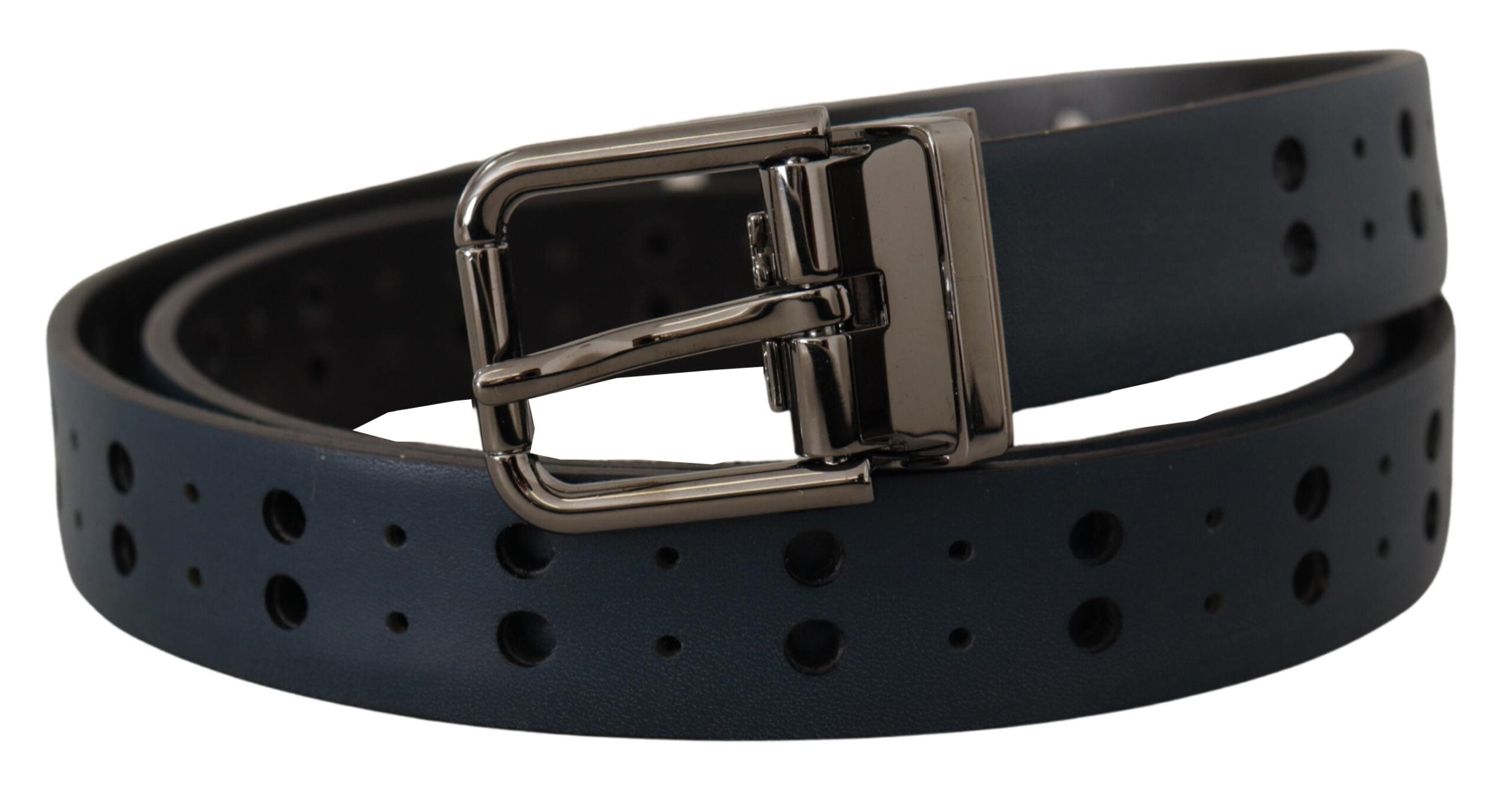 Blauwe geperforeerde dunne leren riem met metalen gesp