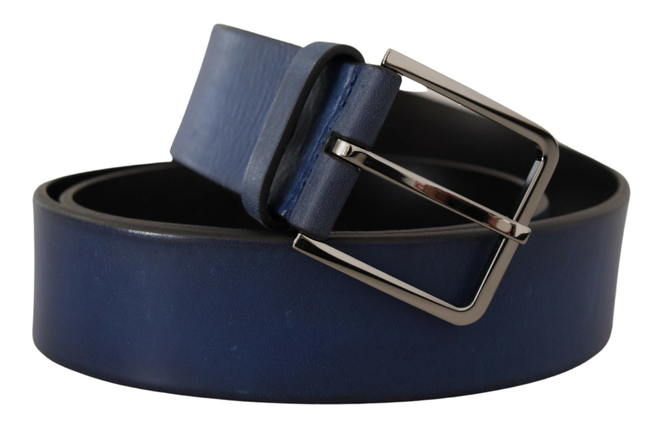 Blauwe kalfsleren klassieke riem met zilveren metalen gesp
