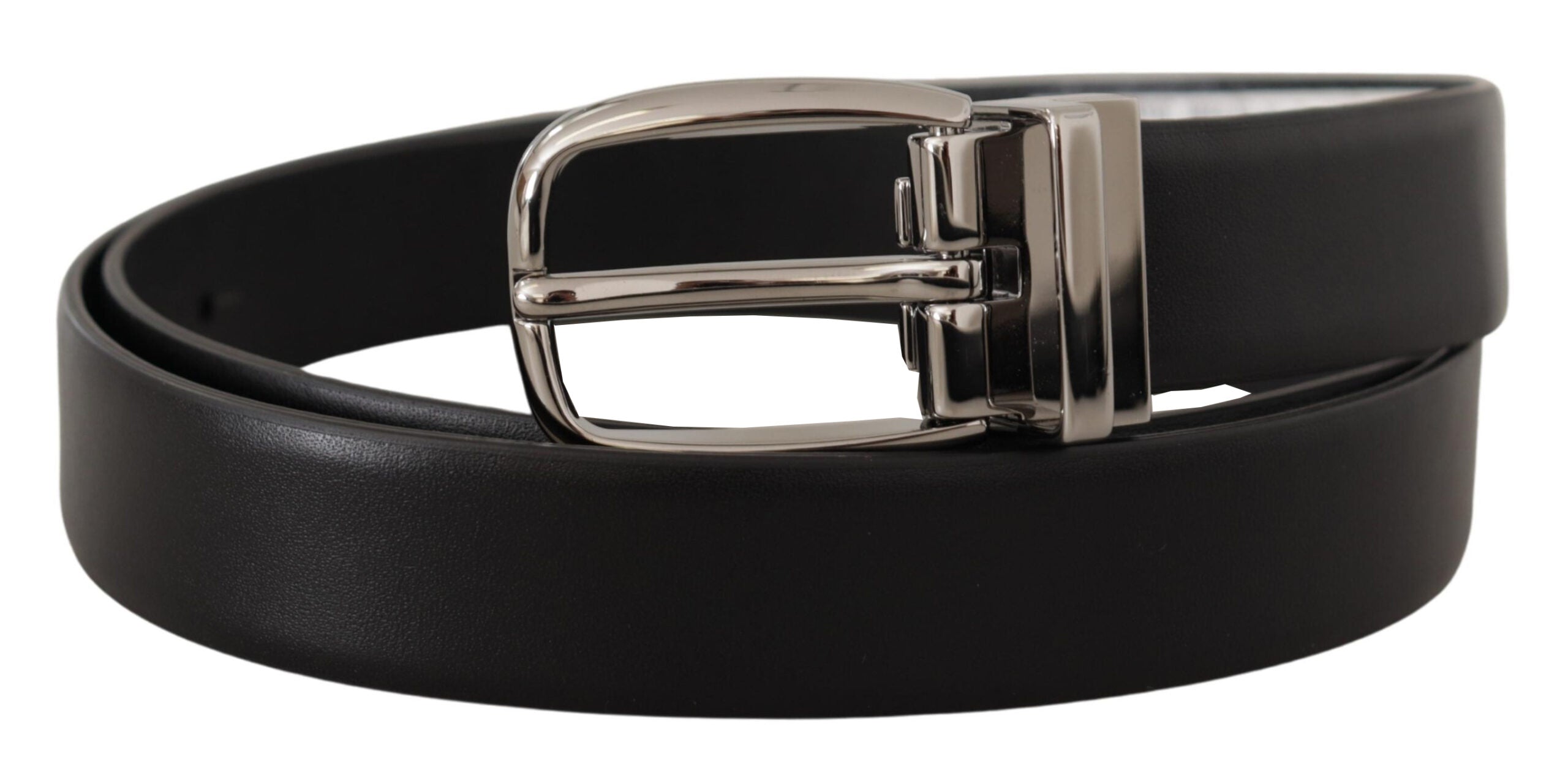 Zwarte leren zilveren metalen chromen logo gesp riem