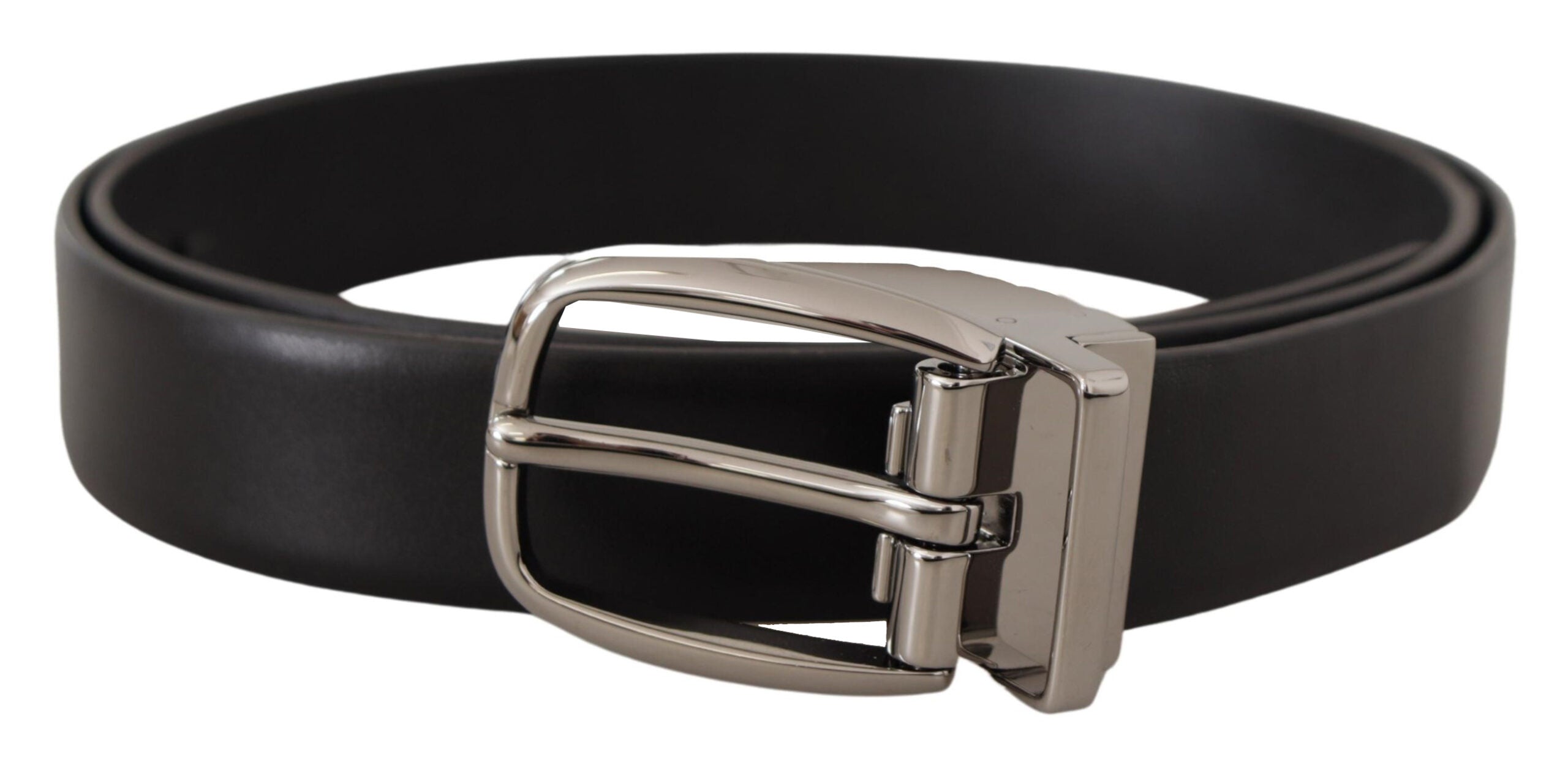 Zwarte leren zilveren metalen chromen logo gesp riem