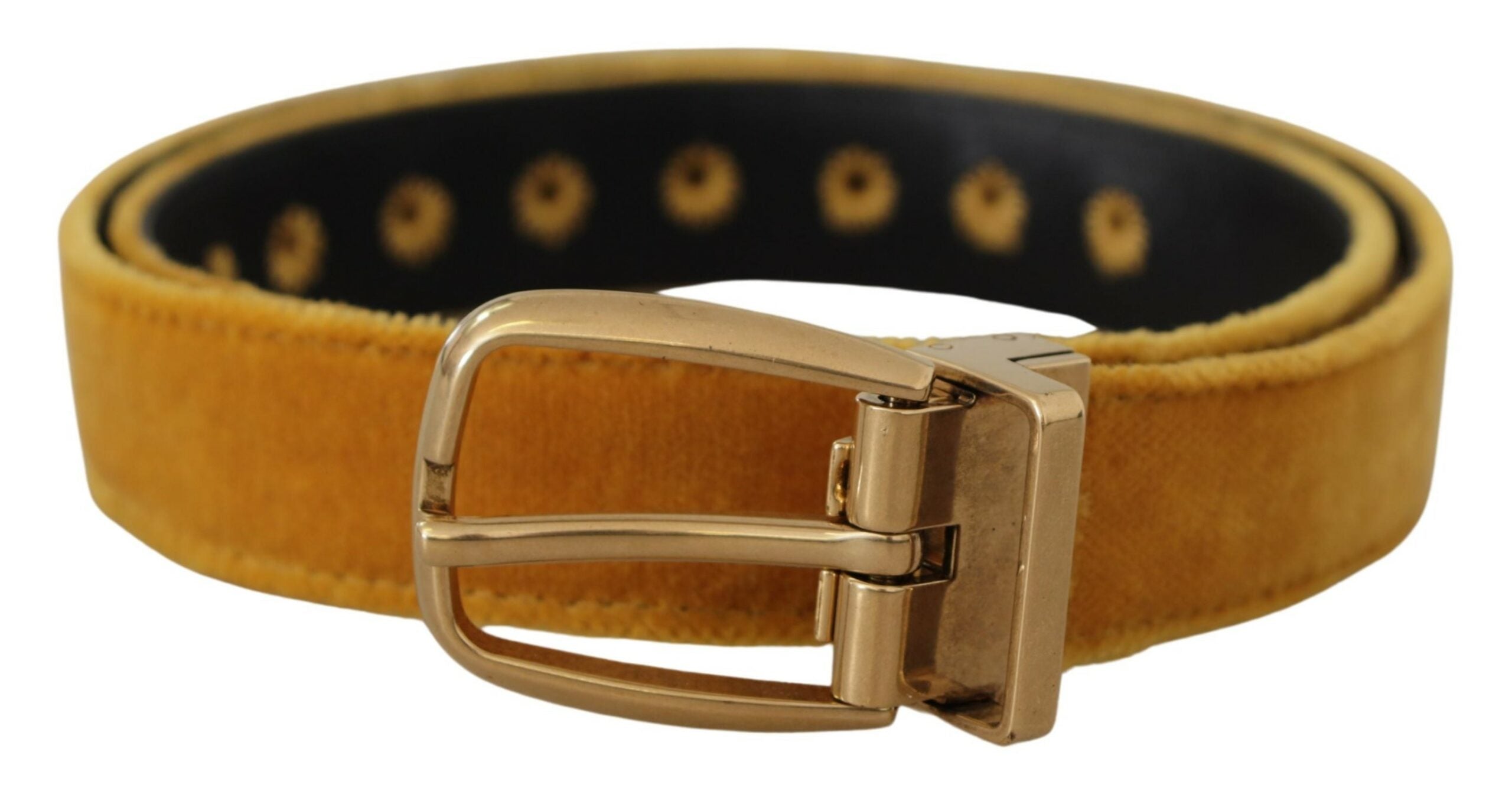 Mosterdkleurige fluwelen riem met gouden logo en metalen gesp