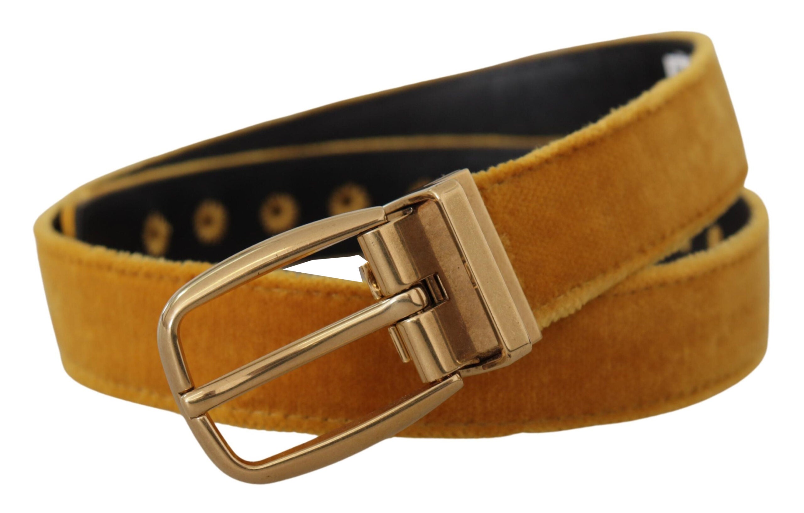 Mosterdkleurige fluwelen riem met gouden logo en metalen gesp