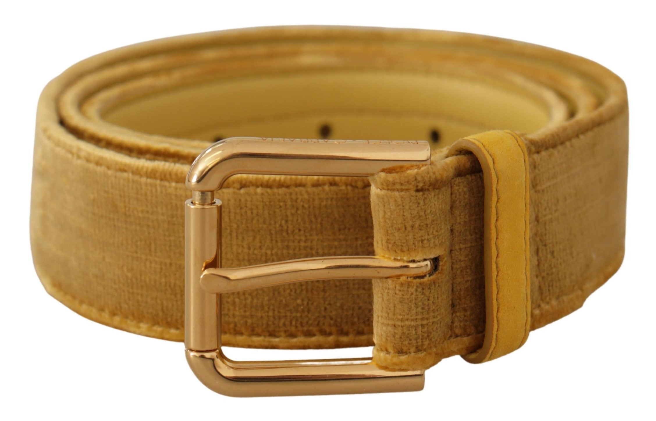 Gele fluwelen riem met gouden metalen logo en gegraveerde gesp